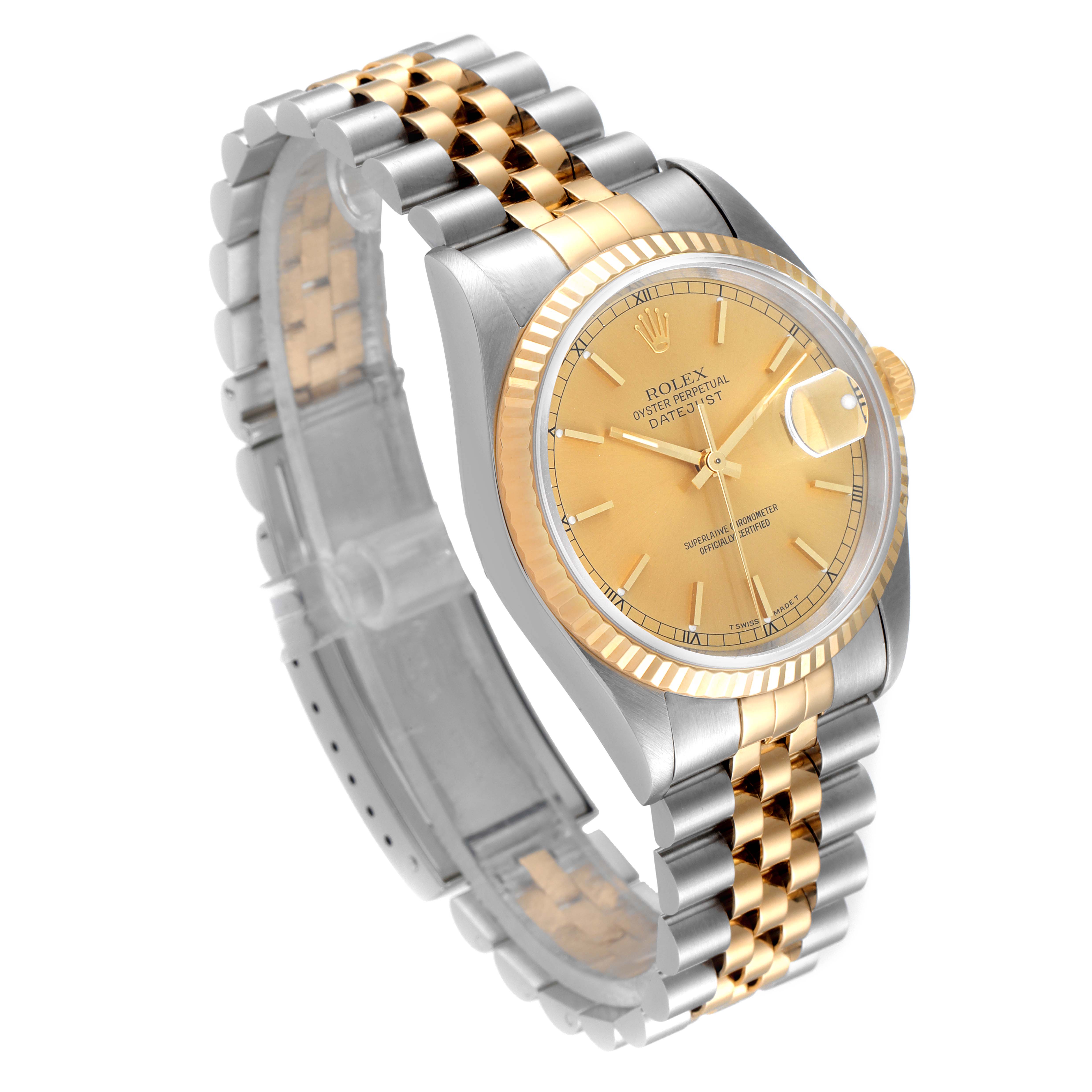 This image shows a Rolex Datejust 16233 Men's Steel and Gold (two tone) Champagne Dial 16233 Men's Steel and Gold (two tone) Champagne Dial watch at a three-quarter angle, highlighting its two-tone band, bezel, and champagne dial.