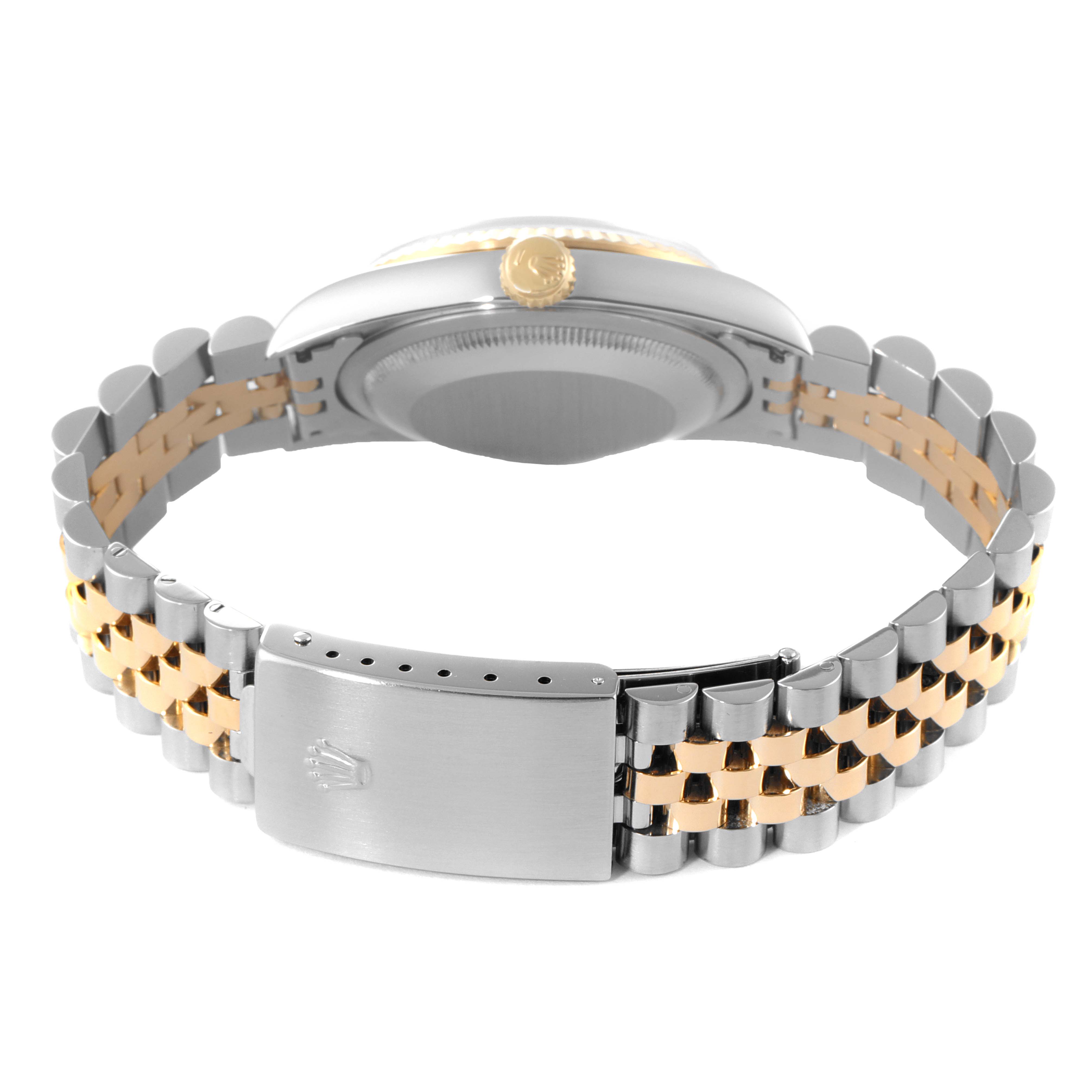 This image shows the back of the Rolex Datejust 16233 Men's Steel and Gold (two tone) Champagne Dial 16233 Men's Steel and Gold (two tone) Champagne Dial watch, highlighting the bracelet and clasp.