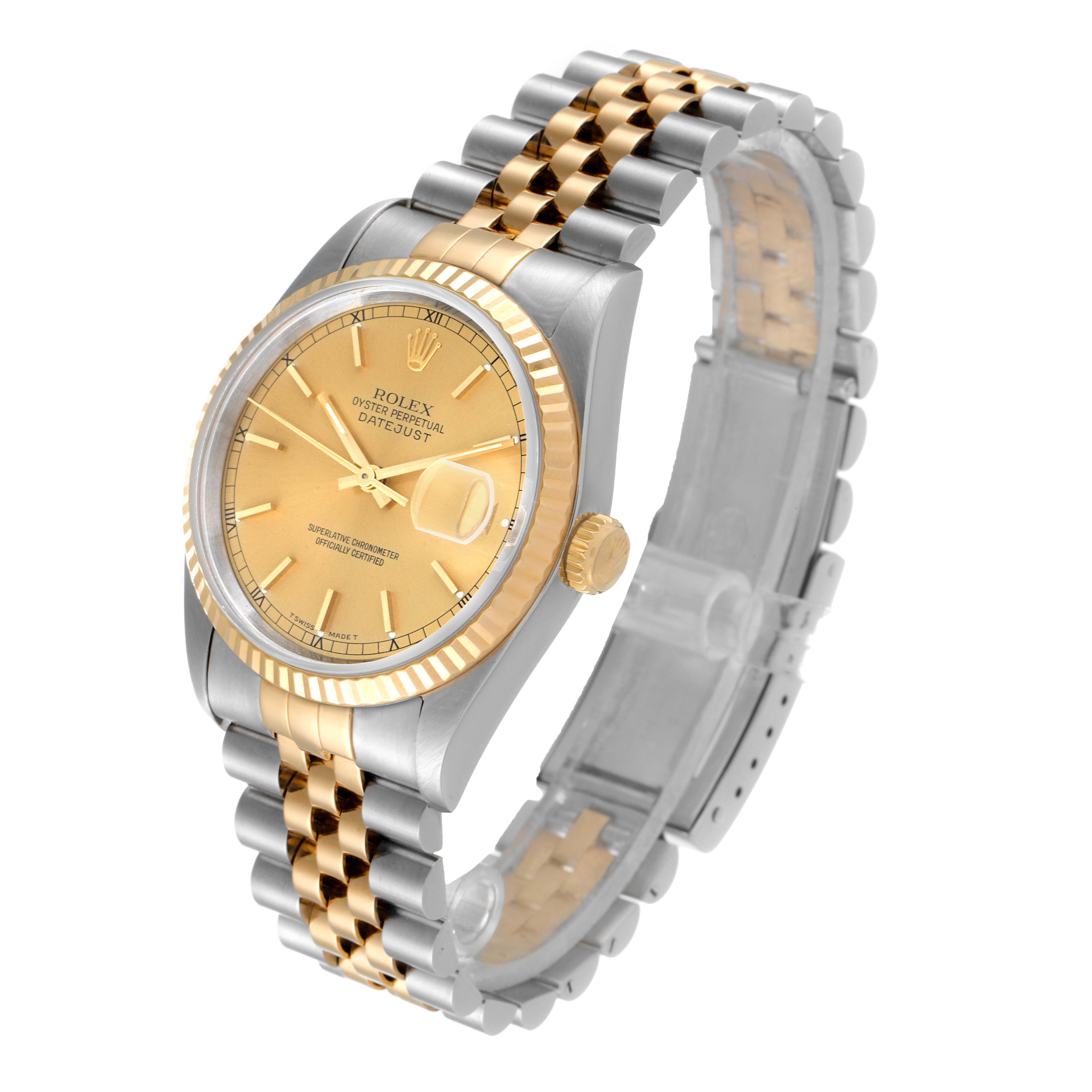 The image shows a Rolex Datejust 16233 Men's Steel and Gold (two tone) Champagne Dial 16233 Men's Steel and Gold (two tone) Champagne Dial watch from an angled side view, displaying its two-tone bracelet, gold bezel, and dial.