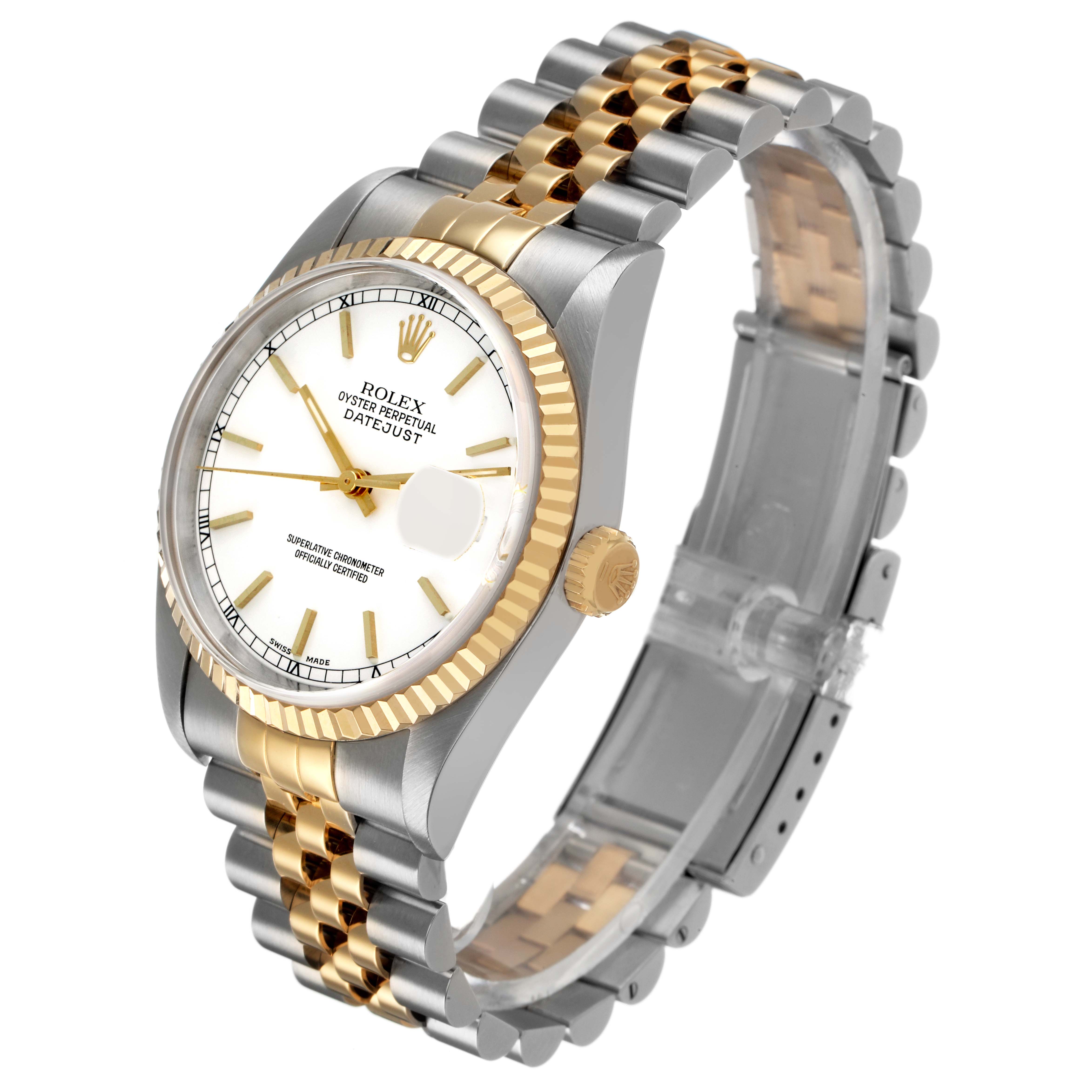 The Rolex Datejust 16233 Men's Steel and Gold (two tone) White Dial is shown at an angled view, highlighting its gold bezel, jubilee bracelet, and white dial with date feature.