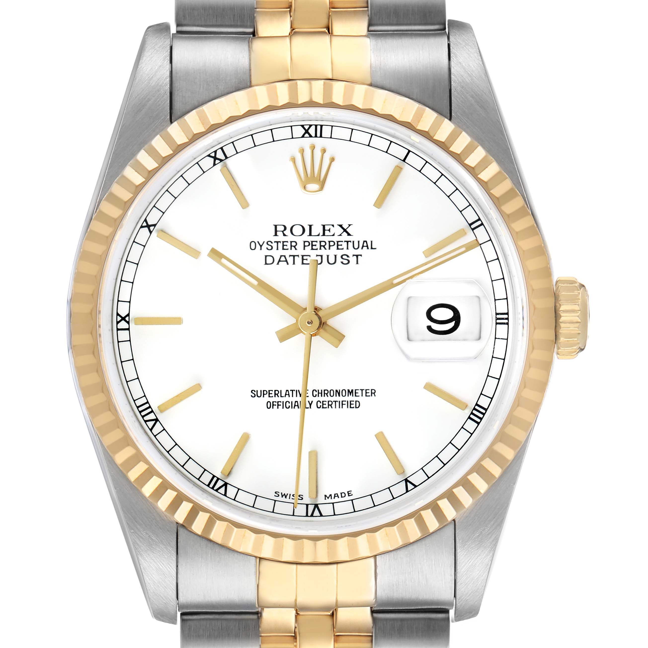 The Rolex Datejust 16233 Men's Steel and Gold (two tone) White Dial watch is shown from the front, displaying the dial, bezel, and part of the bracelet.