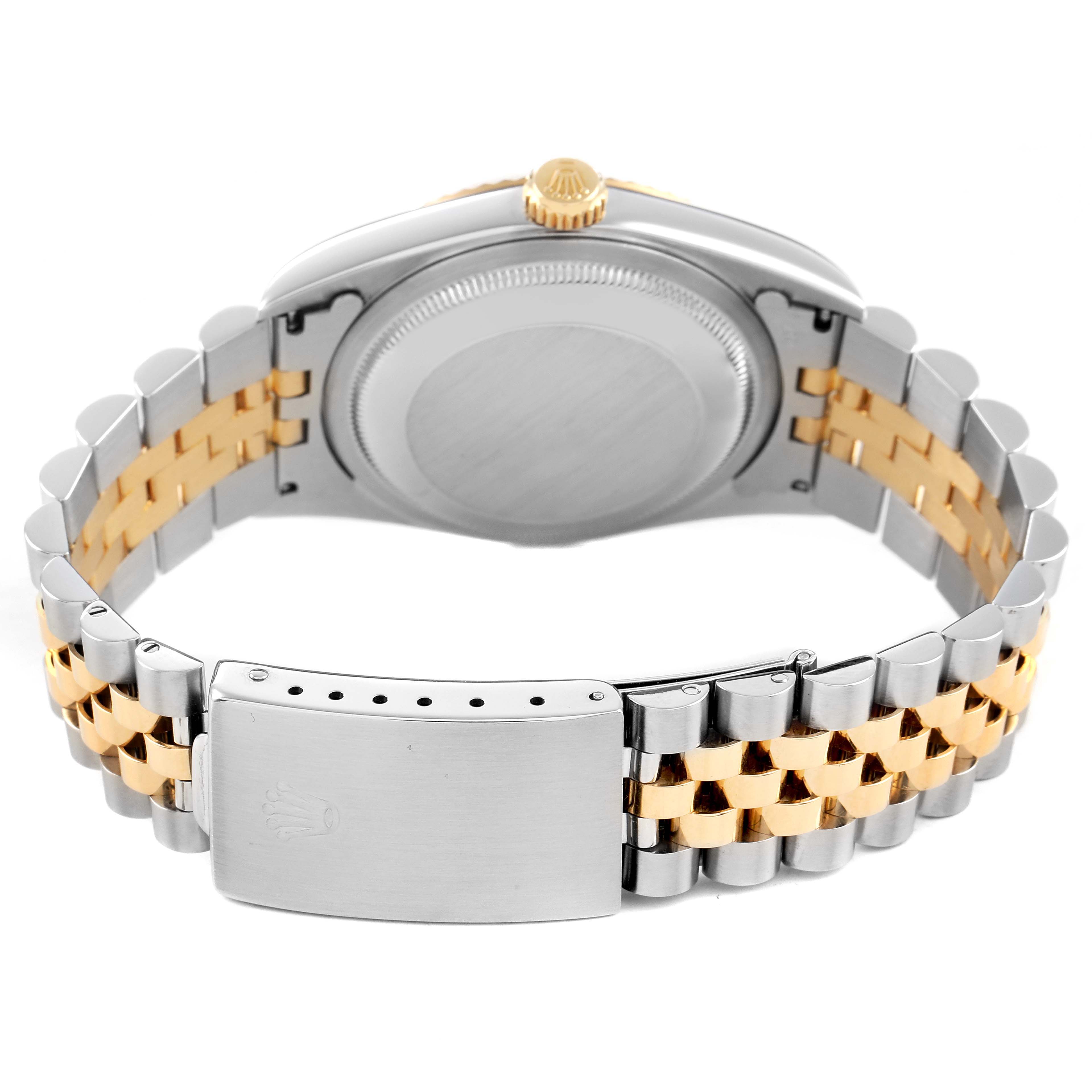 The image shows the back view of a Rolex Datejust 16233 Men's Steel and Gold (two tone) White Dial, highlighting the case back, crown, and two-tone Jubilee bracelet with a clasp.