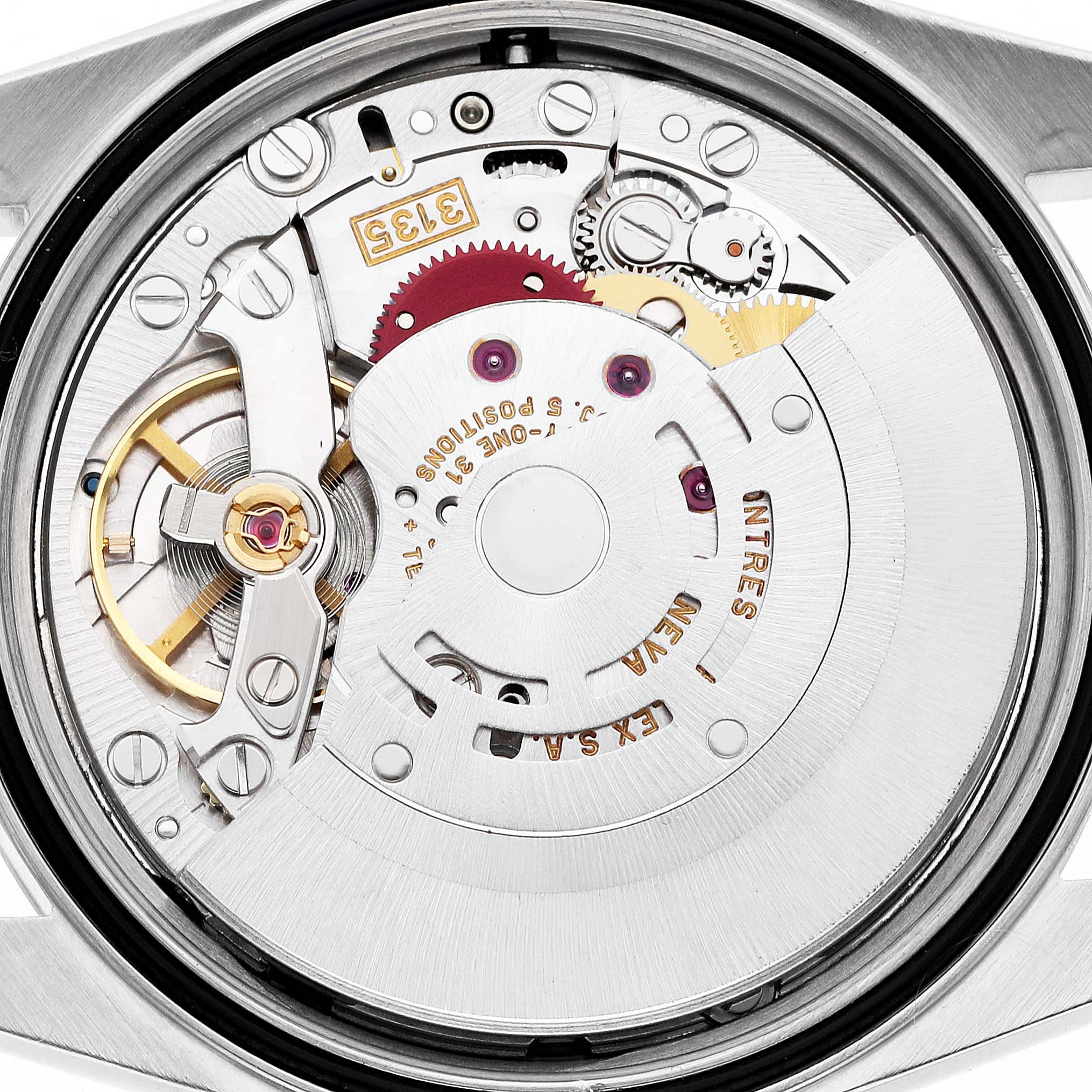 The image shows the detailed movement mechanism of a Rolex Datejust 16233 Men's Steel and Gold (two tone) White Dial, viewed from the back.