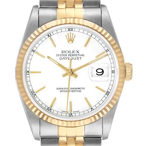 The Rolex Datejust 16233 Men's Steel and Gold (two tone) White Dial watch is shown from a front view, highlighting the dial, bezel, crown, and bracelet.