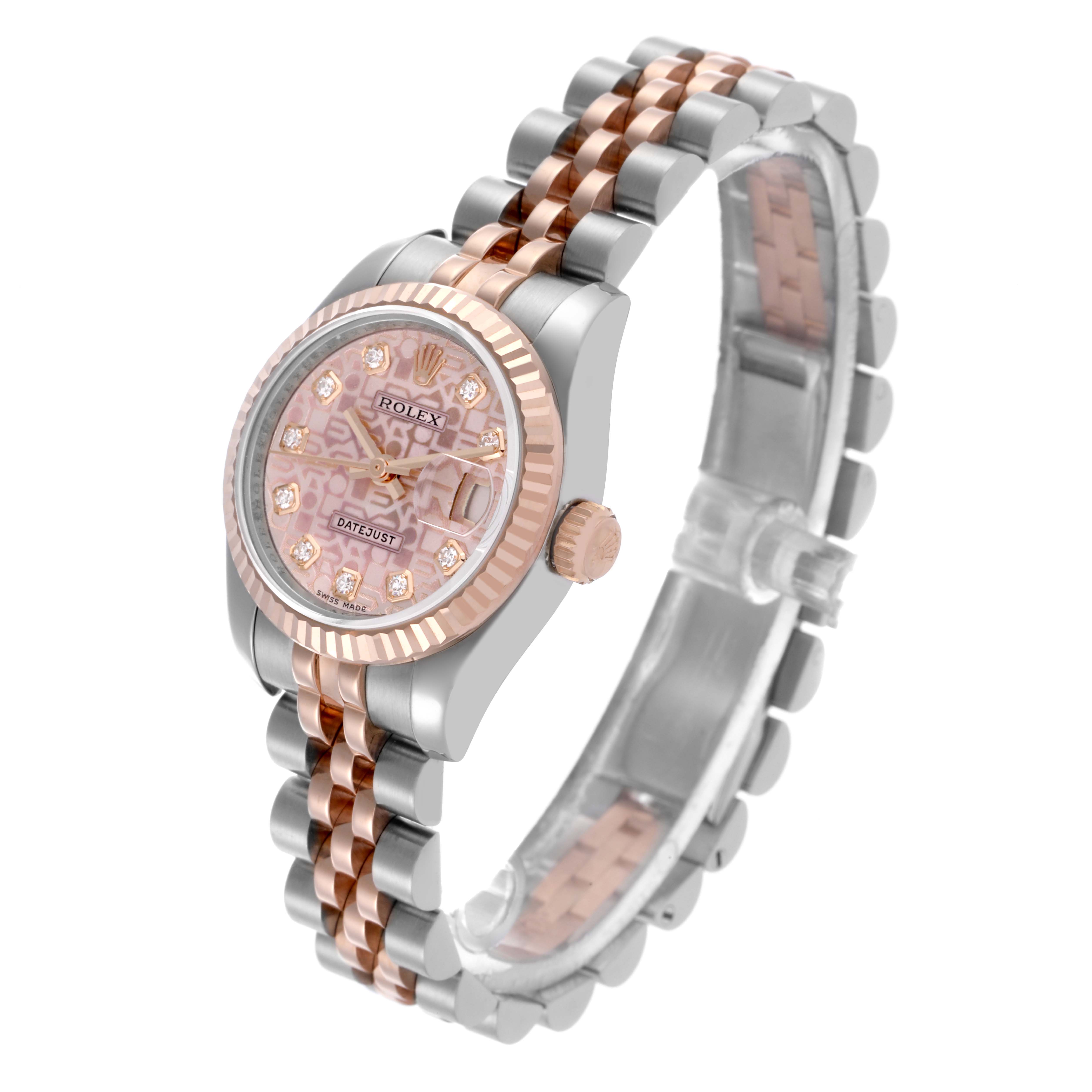 The Rolex Datejust 179171 Women's Steel and Gold (two tone) Pink Dial 179171 Women's Steel and Gold (two tone) Pink Dial watch is shown at an angle highlighting the face, bezel, crown, and bracelet.