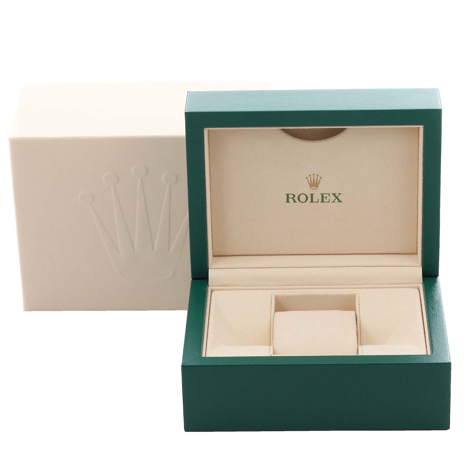 The image shows a Rolex Datejust 179171 Women's Steel and Gold (two tone) Pink Dial 179171 Women's Steel and Gold (two tone) Pink Dial watch box open, highlighting the beige interior and green exterior from a front angle.