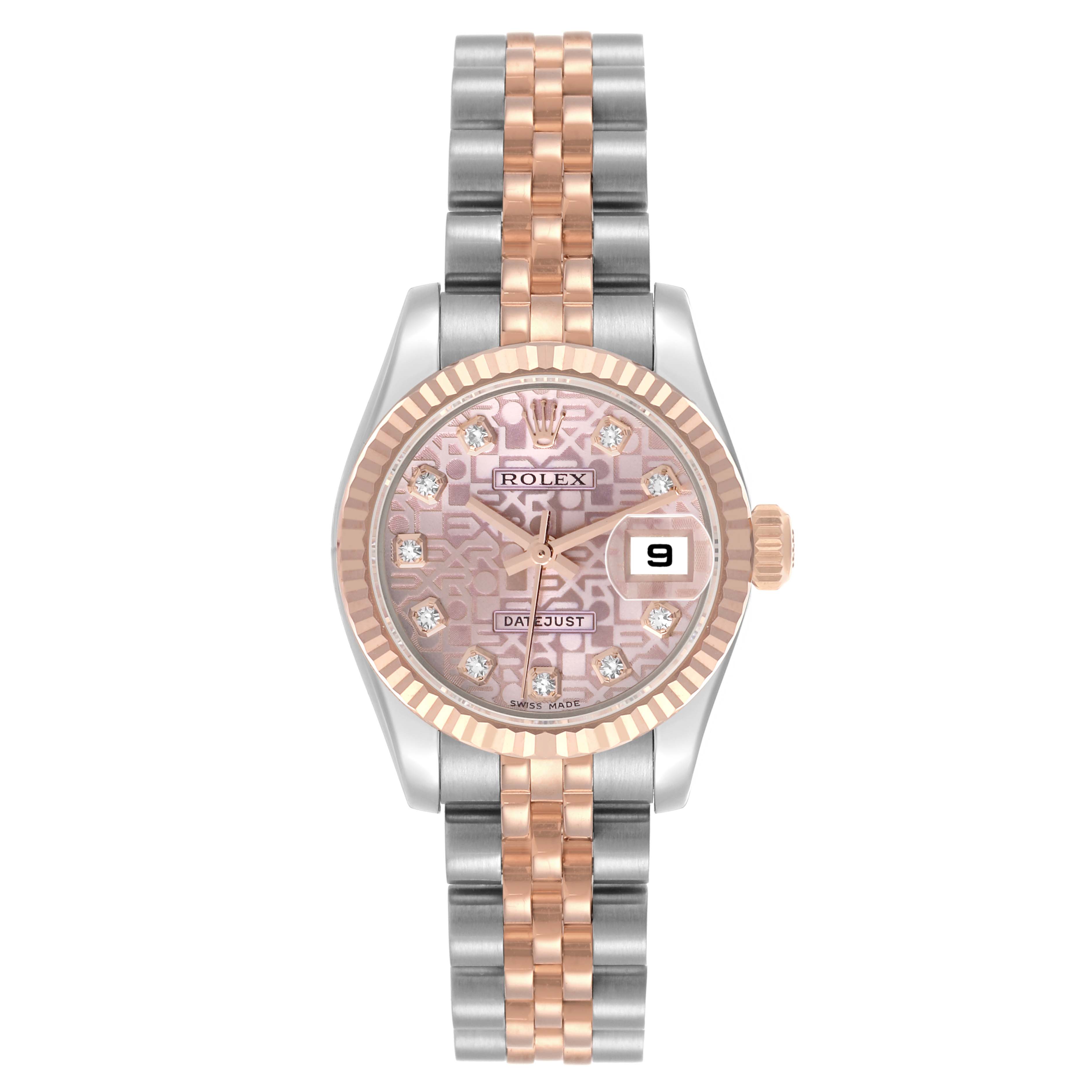 The Rolex Datejust 179171 Women's Steel and Gold (two tone) Pink Dial 179171 Women's Steel and Gold (two tone) Pink Dial watch is shown from a front angle, displaying its face, bezel, and two-tone bracelet.