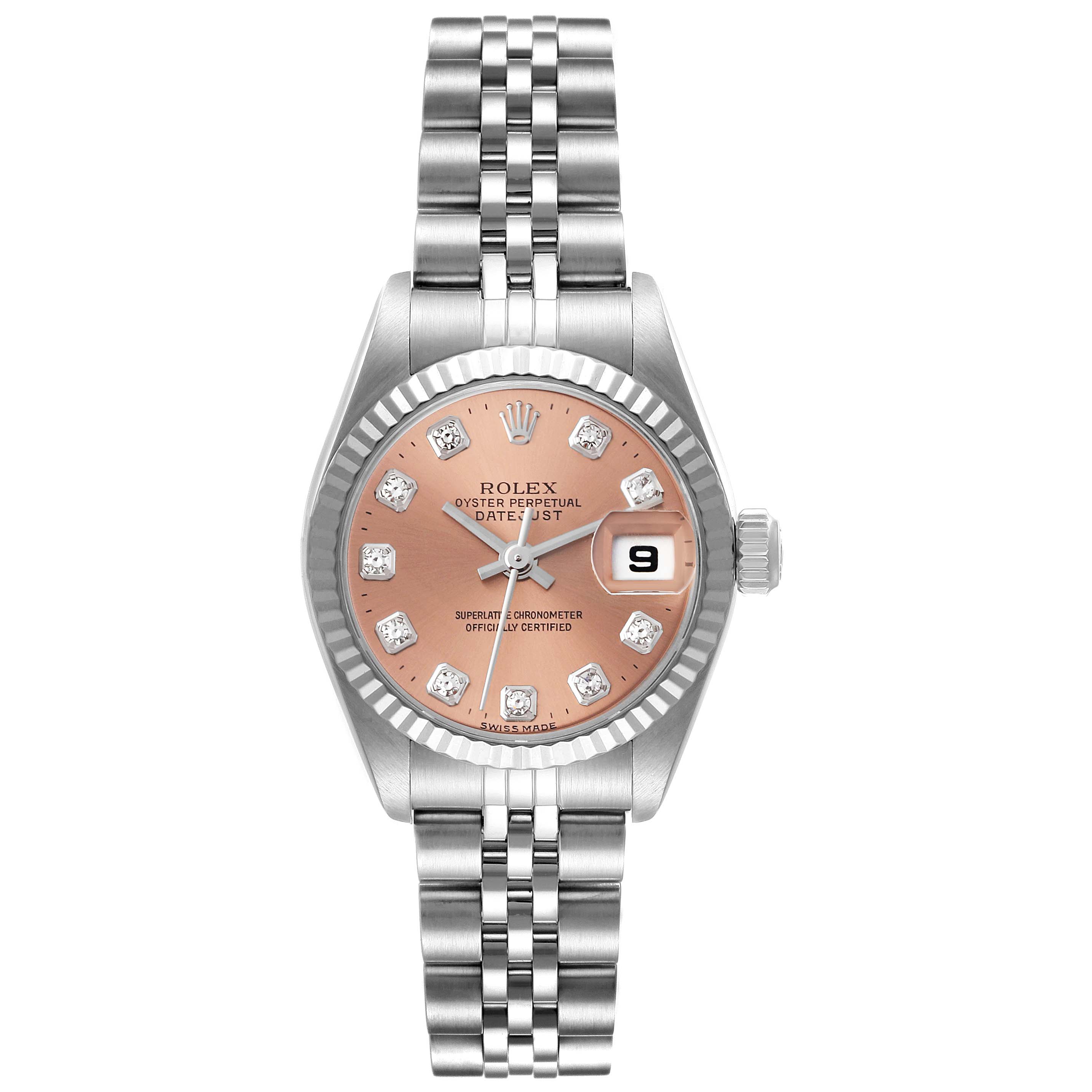 The image shows a front view of a Rolex Datejust 79174 Women's Stainless Steel Pink Dial 79174 Women's Stainless Steel Pink Dial watch, featuring its face, bezel, and bracelet.