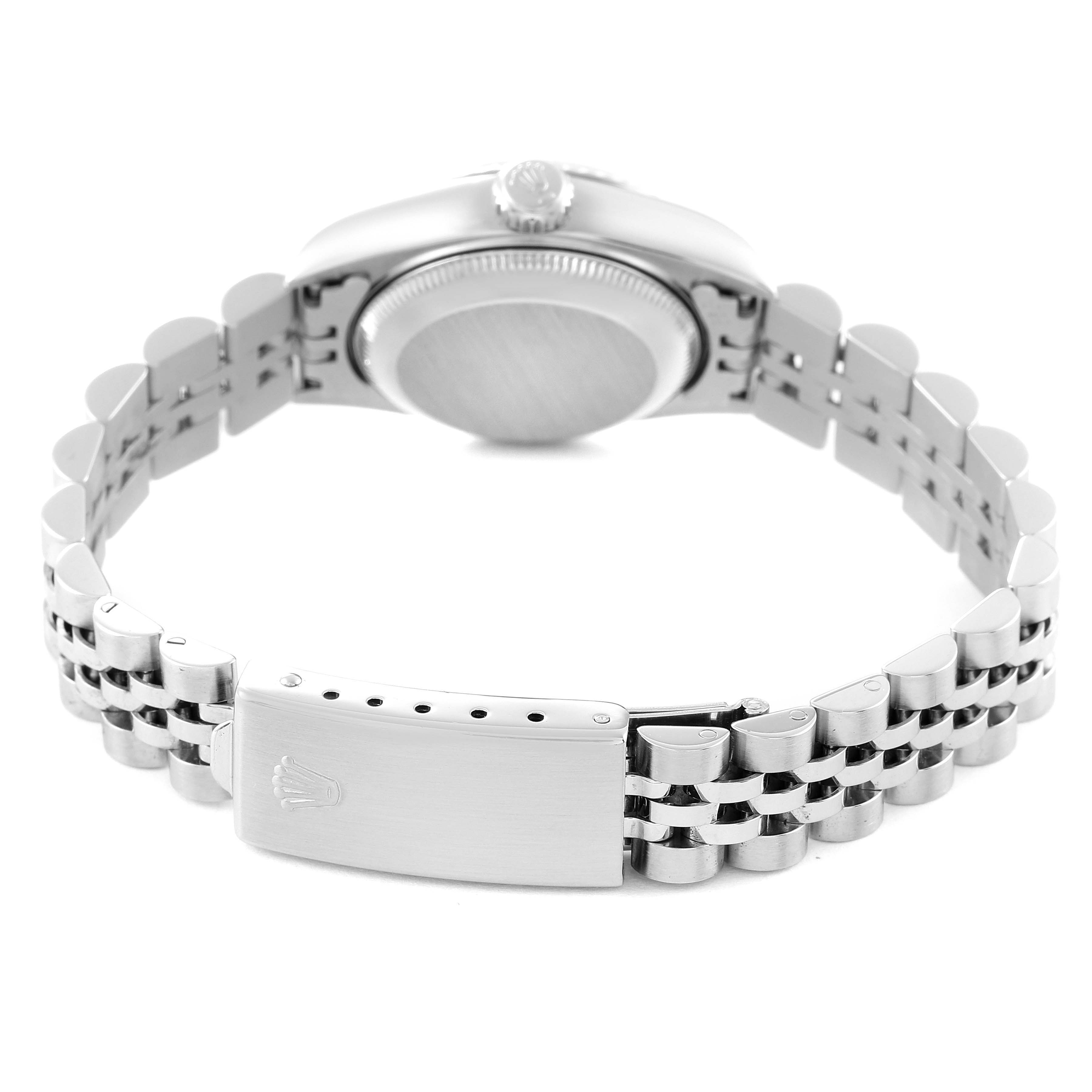 This image shows the back of the Rolex Datejust 79174 Women's Stainless Steel Pink Dial 79174 Women's Stainless Steel Pink Dial watch, displaying its bracelet and clasp.