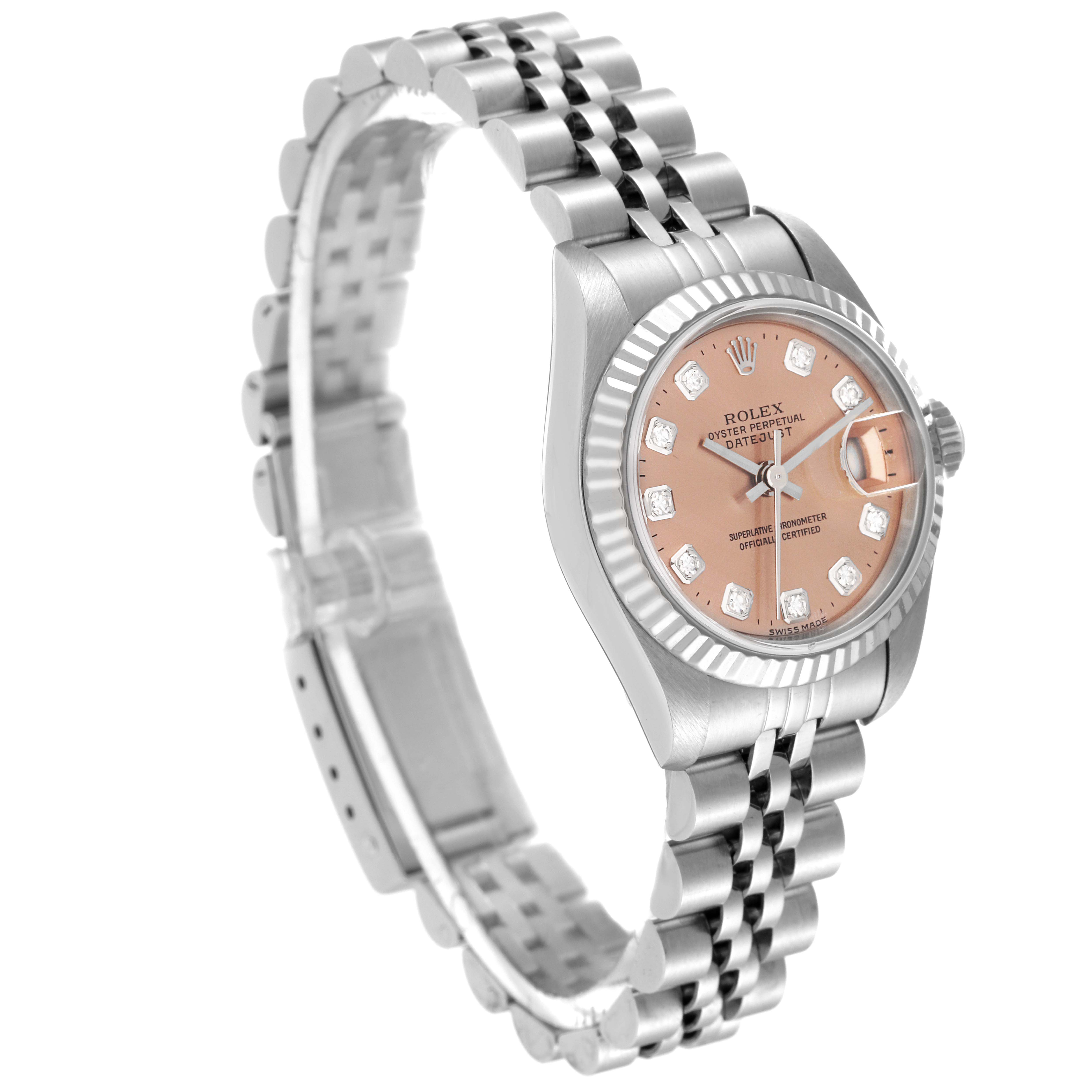 The Rolex Datejust 79174 Women's Stainless Steel Pink Dial 79174 Women's Stainless Steel Pink Dial watch is shown at a three-quarter angle, displaying the face, crown, and bracelet.