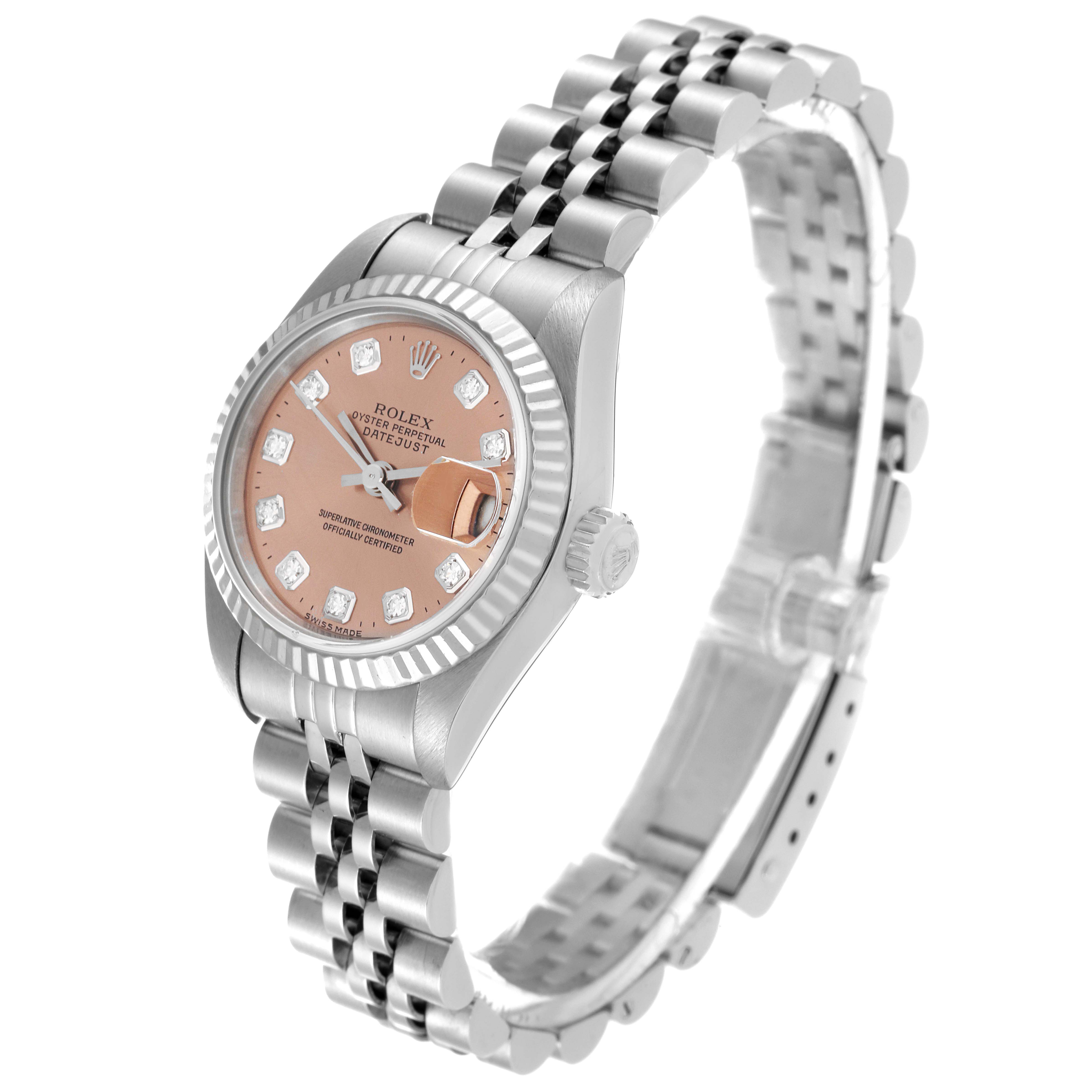 This image shows the front and right side of a Rolex Datejust 79174 Women's Stainless Steel Pink Dial 79174 Women's Stainless Steel Pink Dial watch, emphasizing the dial, bezel, and bracelet.