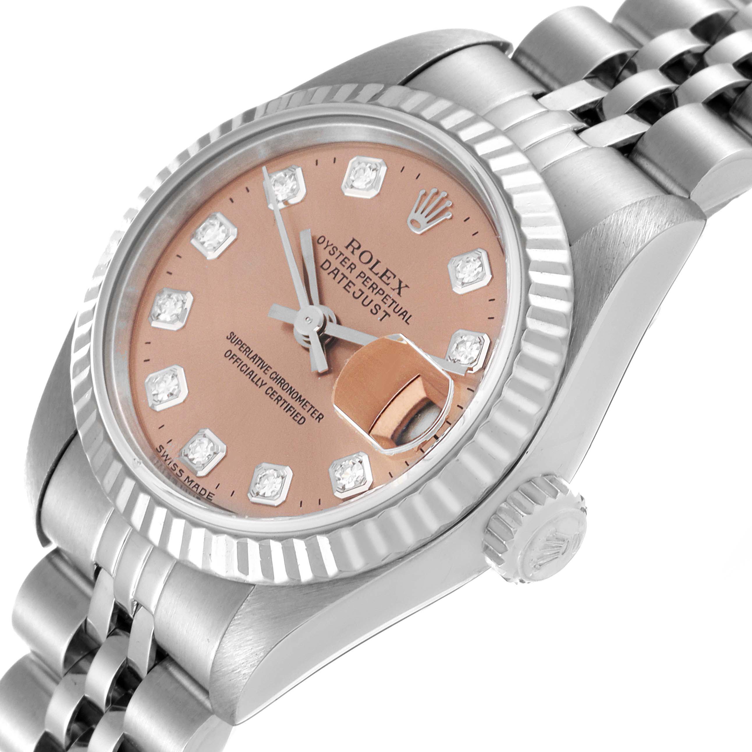 This image shows a close-up of the Rolex Datejust 79174 Women's Stainless Steel Pink Dial 79174 Women's Stainless Steel Pink Dial watch featuring a pink dial, diamond markers, and a stainless steel Jubilee bracelet at an angled view.