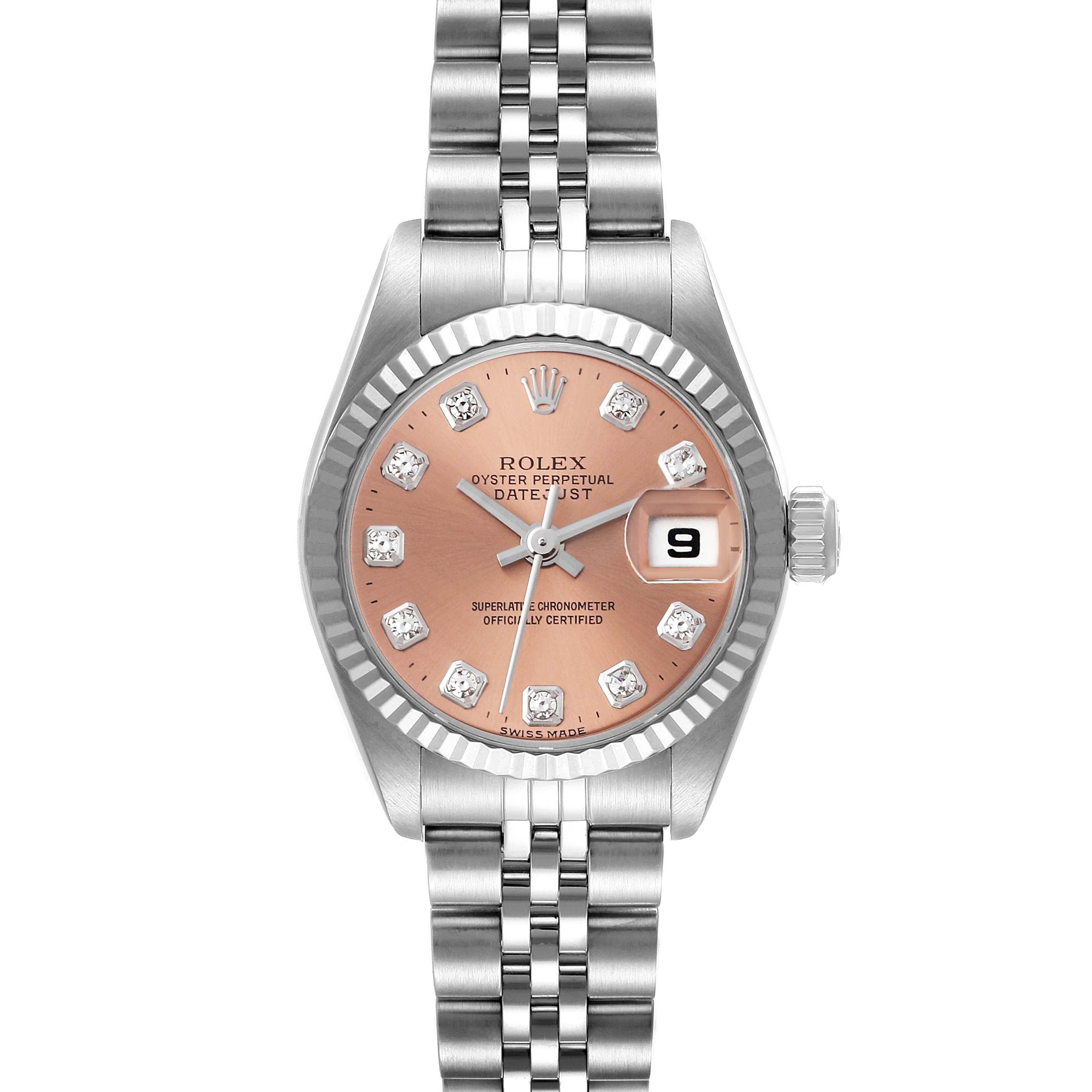 This is a front view of a Rolex Datejust 79174 Women's Stainless Steel Pink Dial 79174 Women's Stainless Steel Pink Dial watch, showing the watch face, bezel, dial, hands, and bracelet.