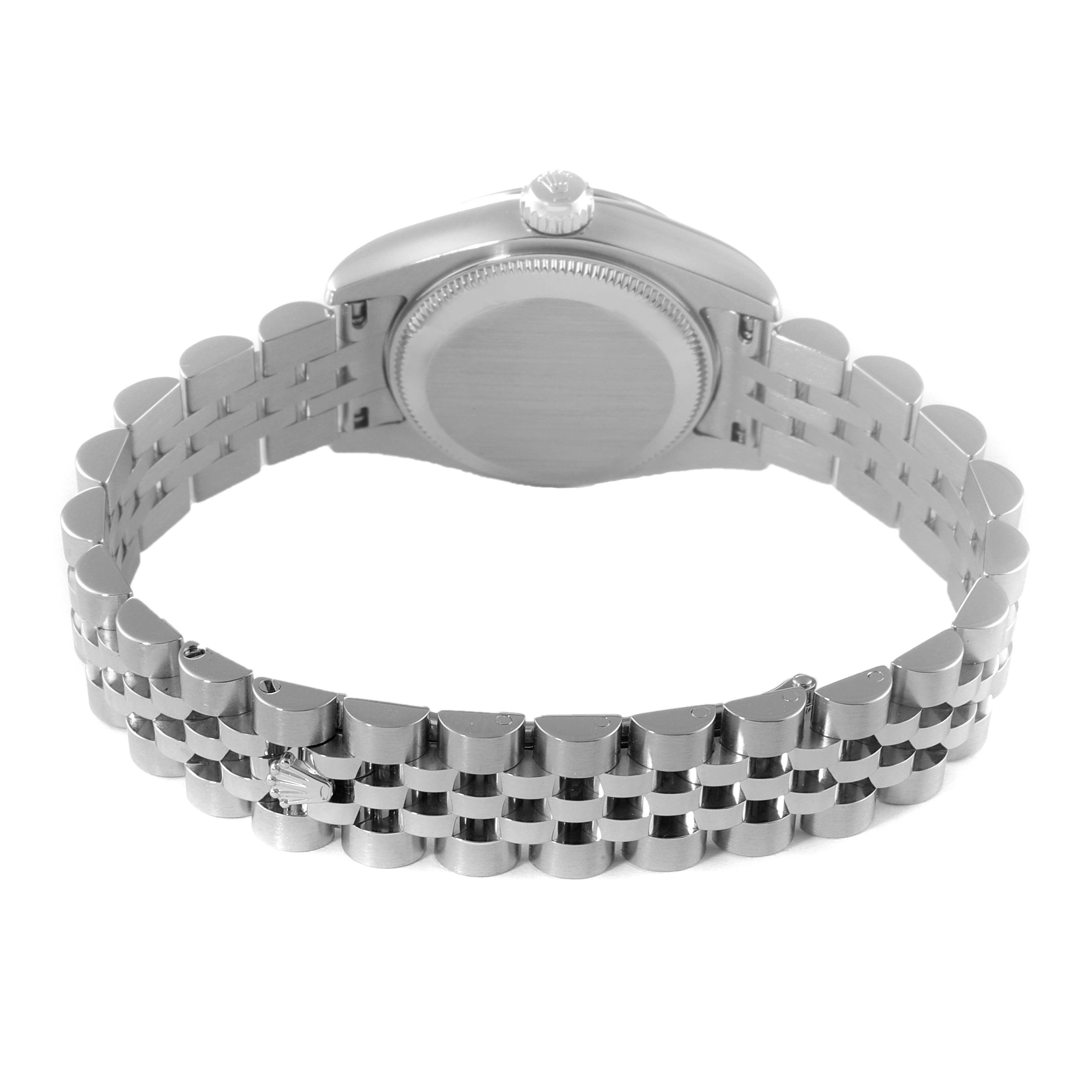 This image shows the back view of a Rolex Datejust 179174 Women's Stainless Steel Pink Dial 179174 Women's Stainless Steel Pink Dial watch, highlighting the case back and the bracelet.