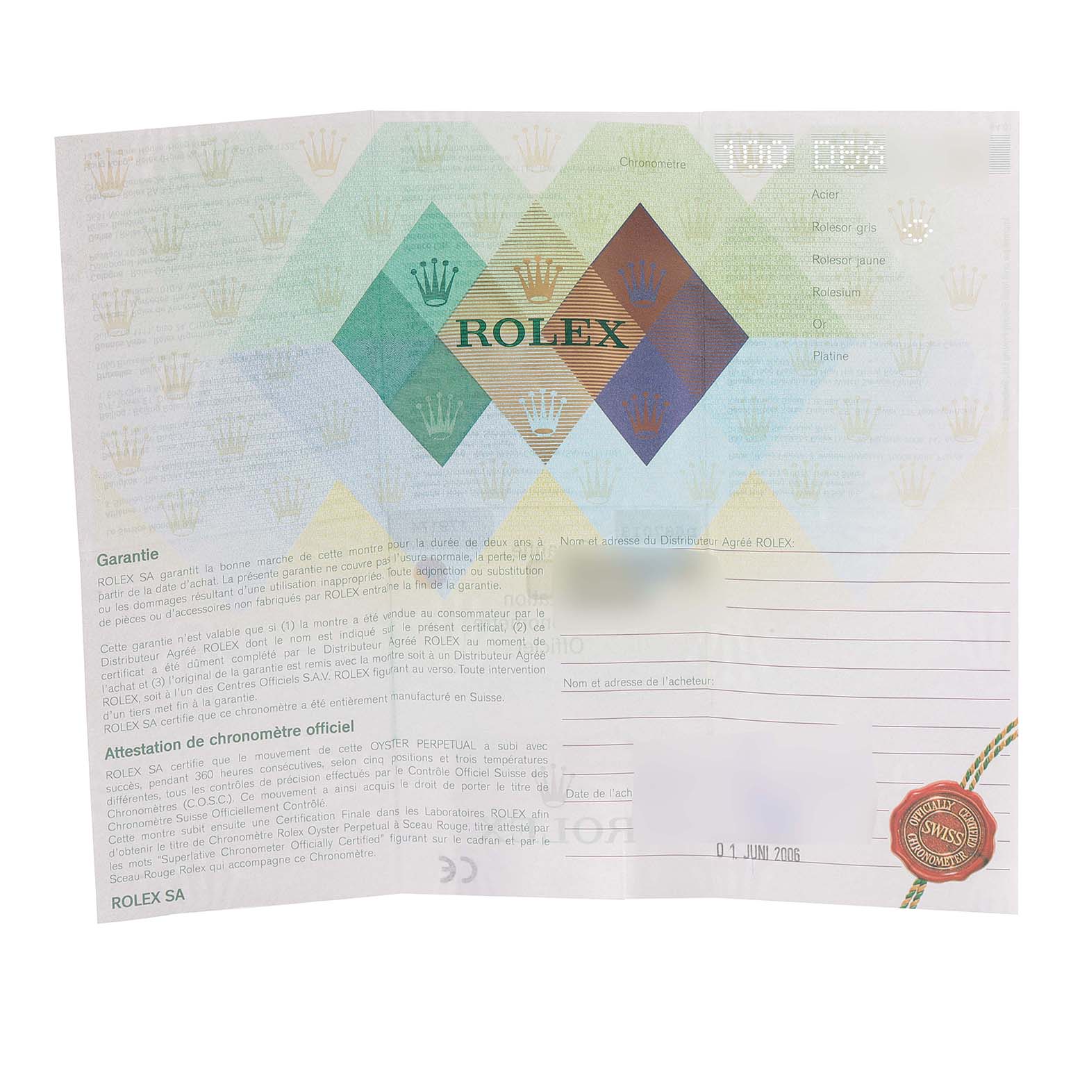 The image shows a warranty card for the Rolex Datejust 179174 Women's Stainless Steel Pink Dial 179174 Women's Stainless Steel Pink Dial model.