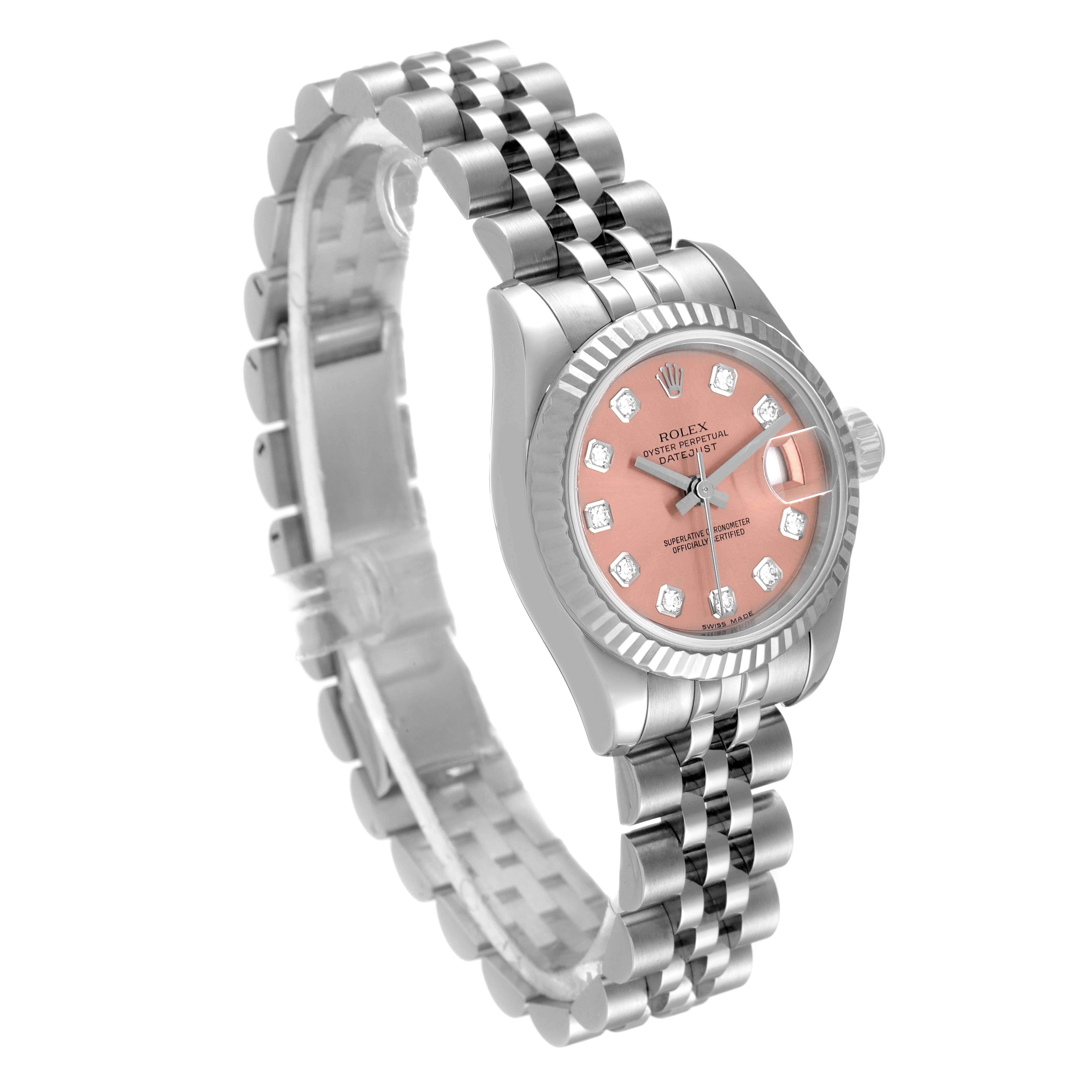 The image shows a Rolex Datejust 179174 Women's Stainless Steel Pink Dial 179174 Women's Stainless Steel Pink Dial model watch at a slight angle, highlighting its pink dial, bezel, and Jubilee bracelet.