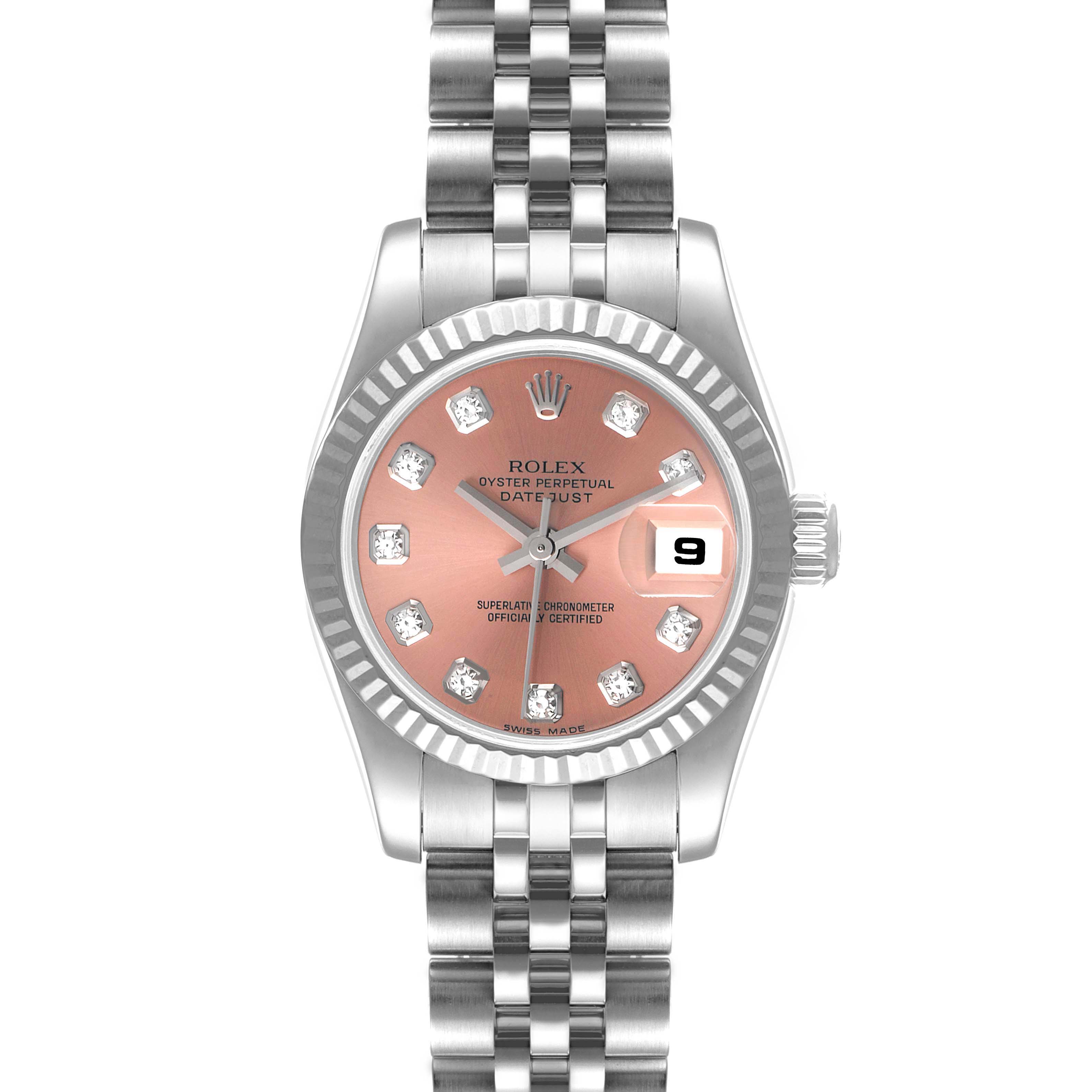 The Rolex Datejust 179174 Women's Stainless Steel Pink Dial 179174 Women's Stainless Steel Pink Dial is shown head-on, displaying its dial, bezel, crown, bracelet, and date window at 3 o'clock.
