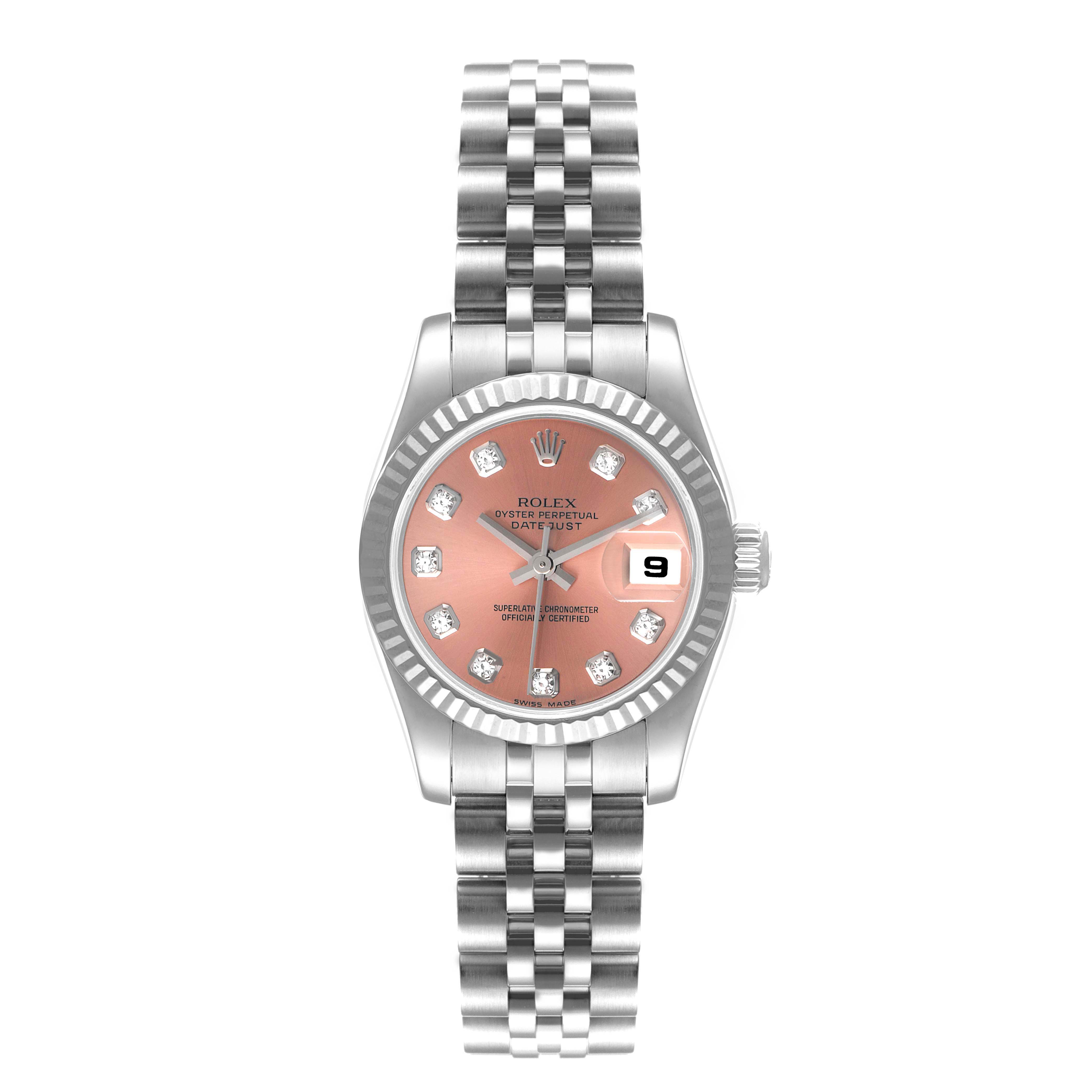 This image shows the Rolex Datejust 179174 Women's Stainless Steel Pink Dial 179174 Women's Stainless Steel Pink Dial watch from a top-down angle, displaying its pink dial, fluted bezel, and Jubilee bracelet.