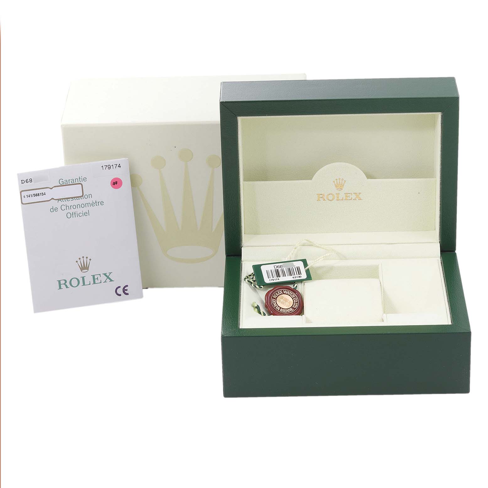 The image shows the open box, tag, and warranty card for a Rolex Datejust 179174 Women's Stainless Steel Pink Dial 179174 Women's Stainless Steel Pink Dial watch.