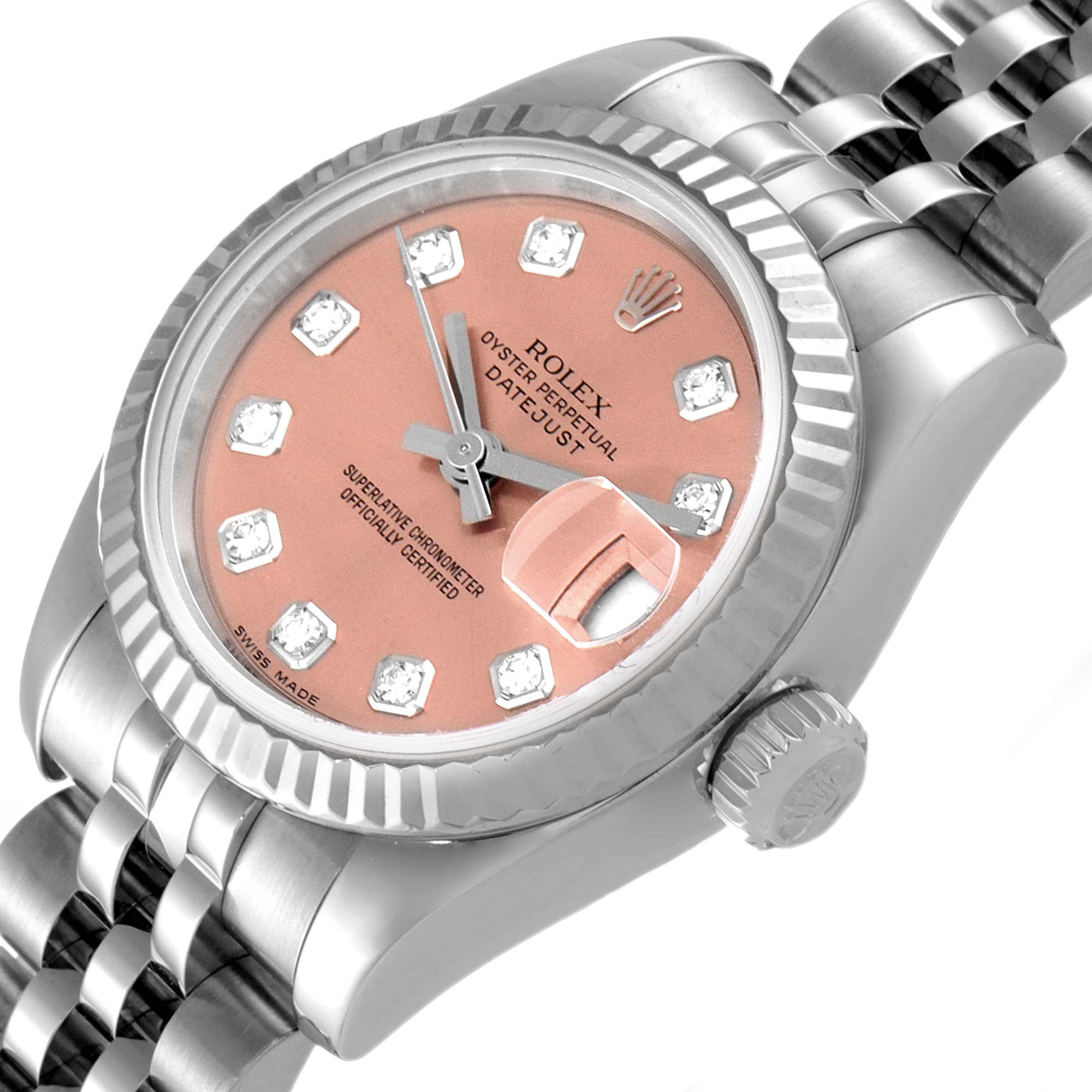 The image shows a close-up angled view of a Rolex Datejust 179174 Women's Stainless Steel Pink Dial 179174 Women's Stainless Steel Pink Dial watch featuring its dial, bezel, crown, and part of the bracelet.