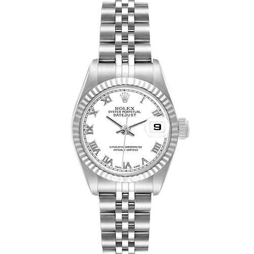 The Rolex Datejust 179174 Women's Steel and Gold (two tone) White Dial watch is shown from a front angle, highlighting the dial, fluted bezel, bracelet, and date window.