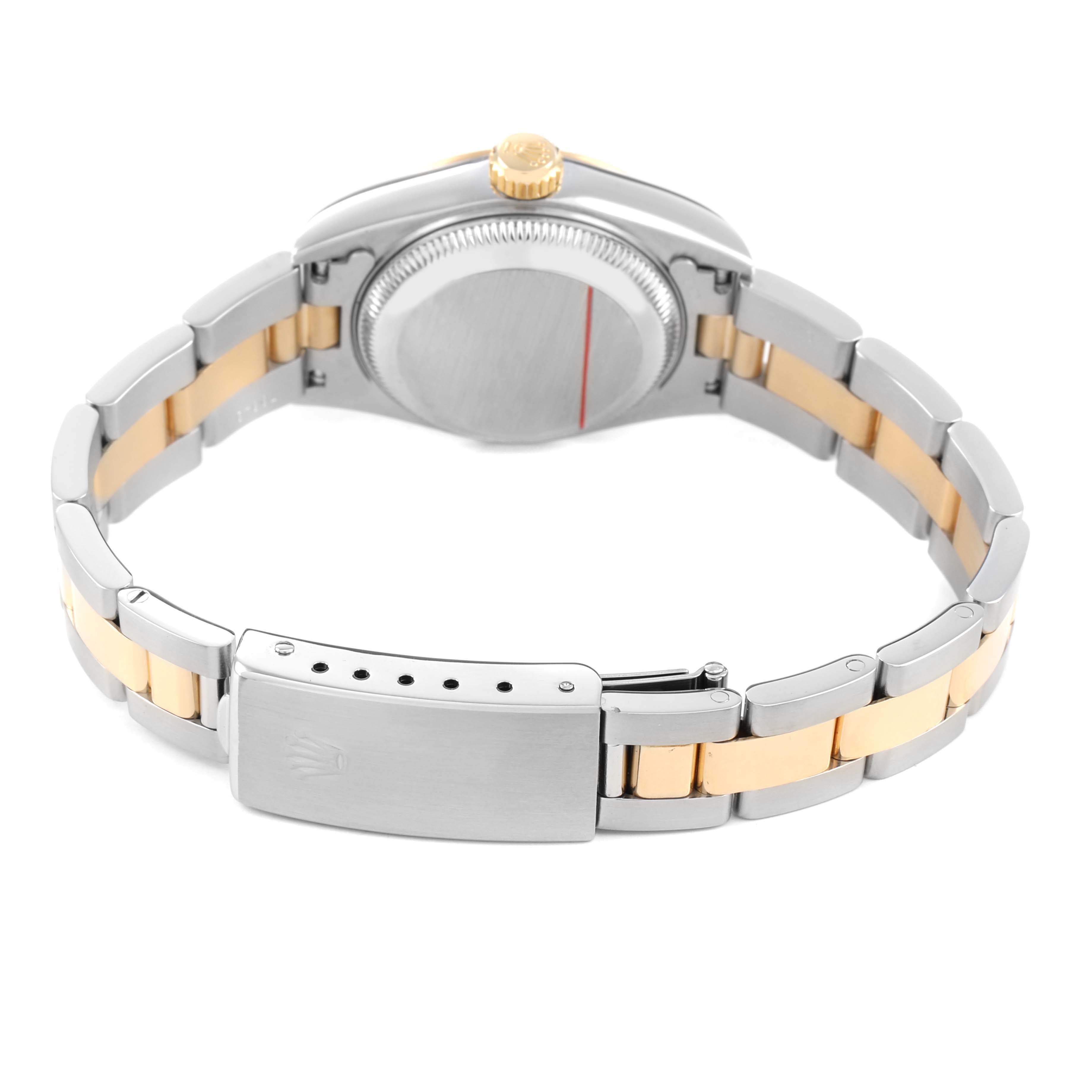 The image shows the back view of a Rolex Datejust 69163 Women's Steel and Gold (two tone) Black Dial watch, highlighting the clasp and two-tone bracelet.