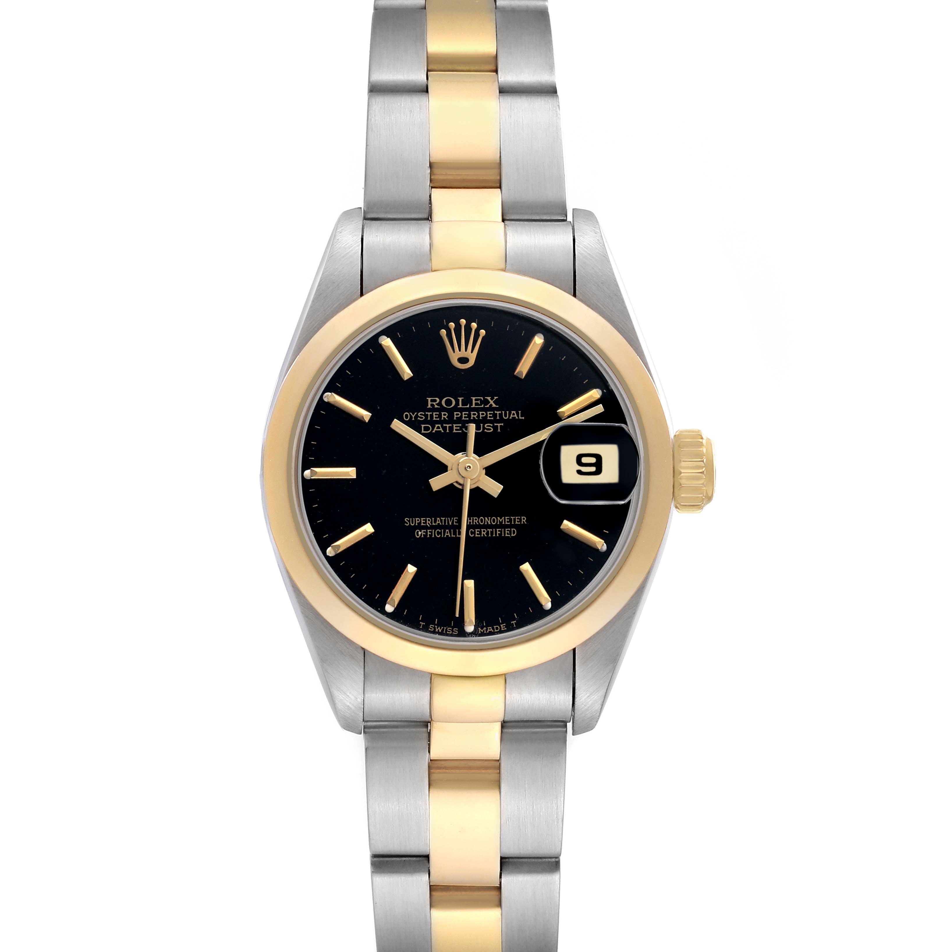 The Rolex Datejust 69163 Women's Steel and Gold (two tone) Black Dial watch is shown from the front, highlighting its two-tone bracelet, black dial, and date feature.