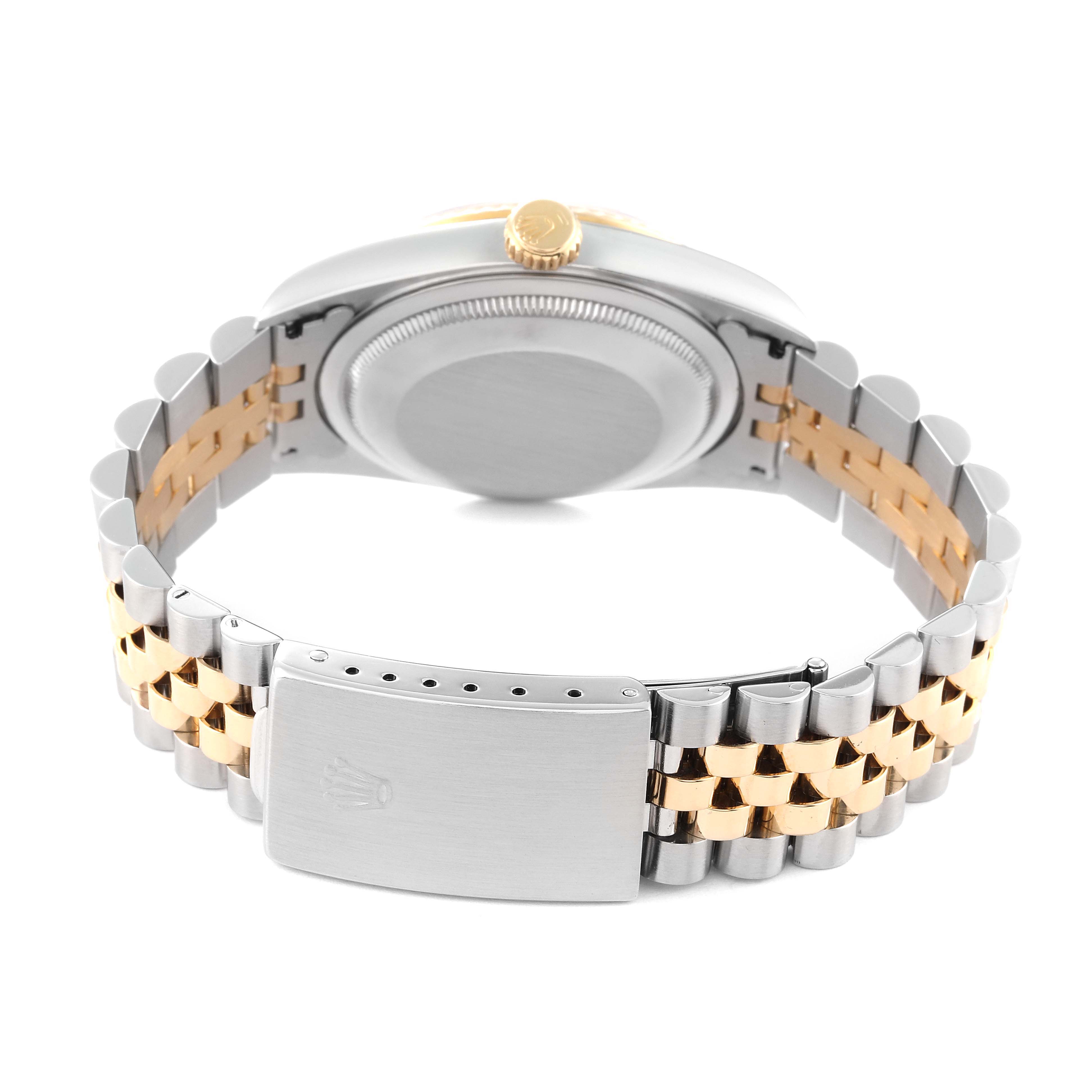 This image shows the back of a Rolex Datejust 16233 Men's Steel and Gold (two tone) Blue Dial 16233 Men's Steel and Gold (two tone) Blue Dial watch, highlighting the case back, crown, and two-tone metal bracelet with clasp.