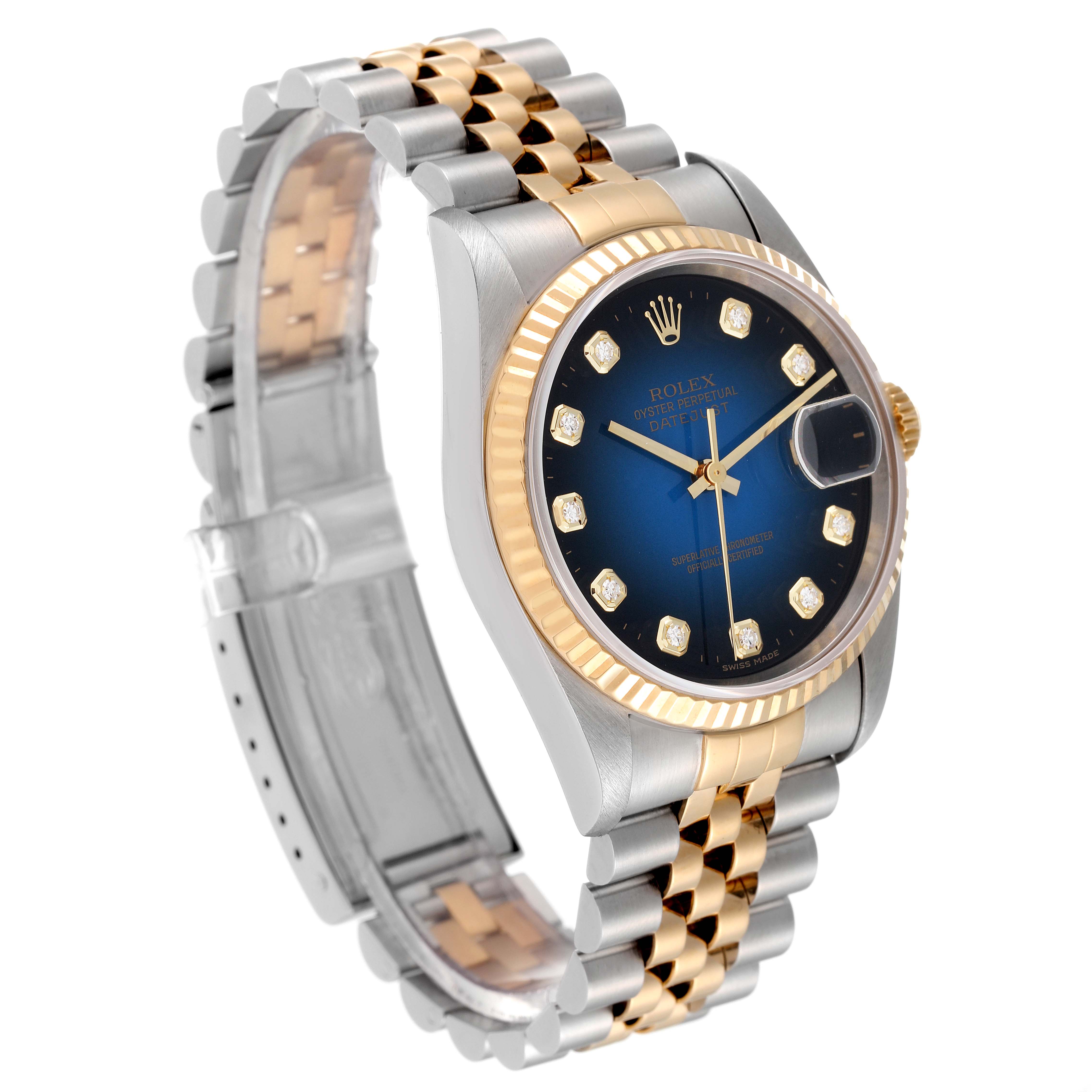 This image shows a side angle of a Rolex Datejust 16233 Men's Steel and Gold (two tone) Blue Dial 16233 Men's Steel and Gold (two tone) Blue Dial watch, highlighting its face, bezel, and part of its bracelet.