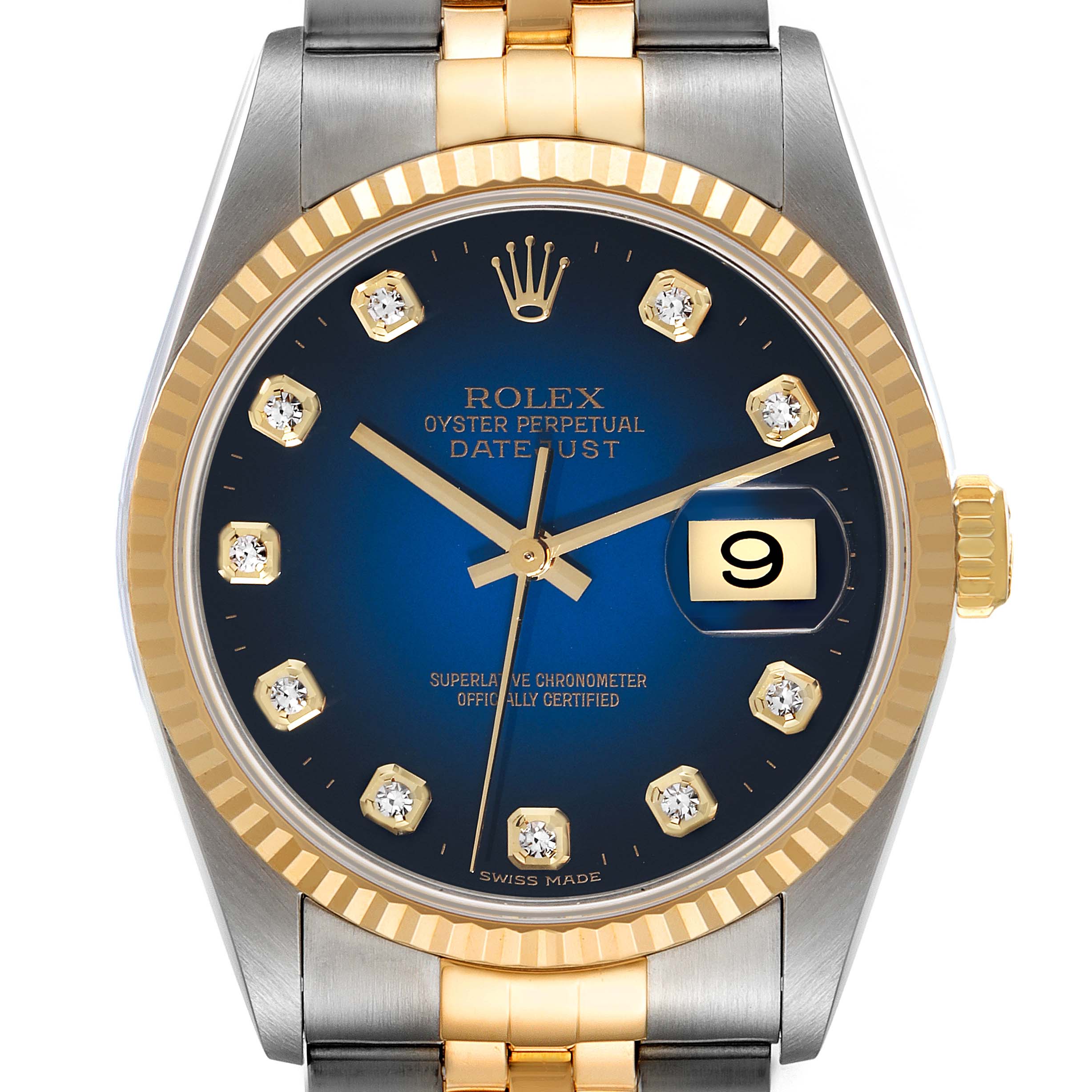 This Rolex Datejust 16233 Men's Steel and Gold (two tone) Blue Dial 16233 Men's Steel and Gold (two tone) Blue Dial watch is shown from a front angle, highlighting its blue dial, gold fluted bezel, and two-tone bracelet.