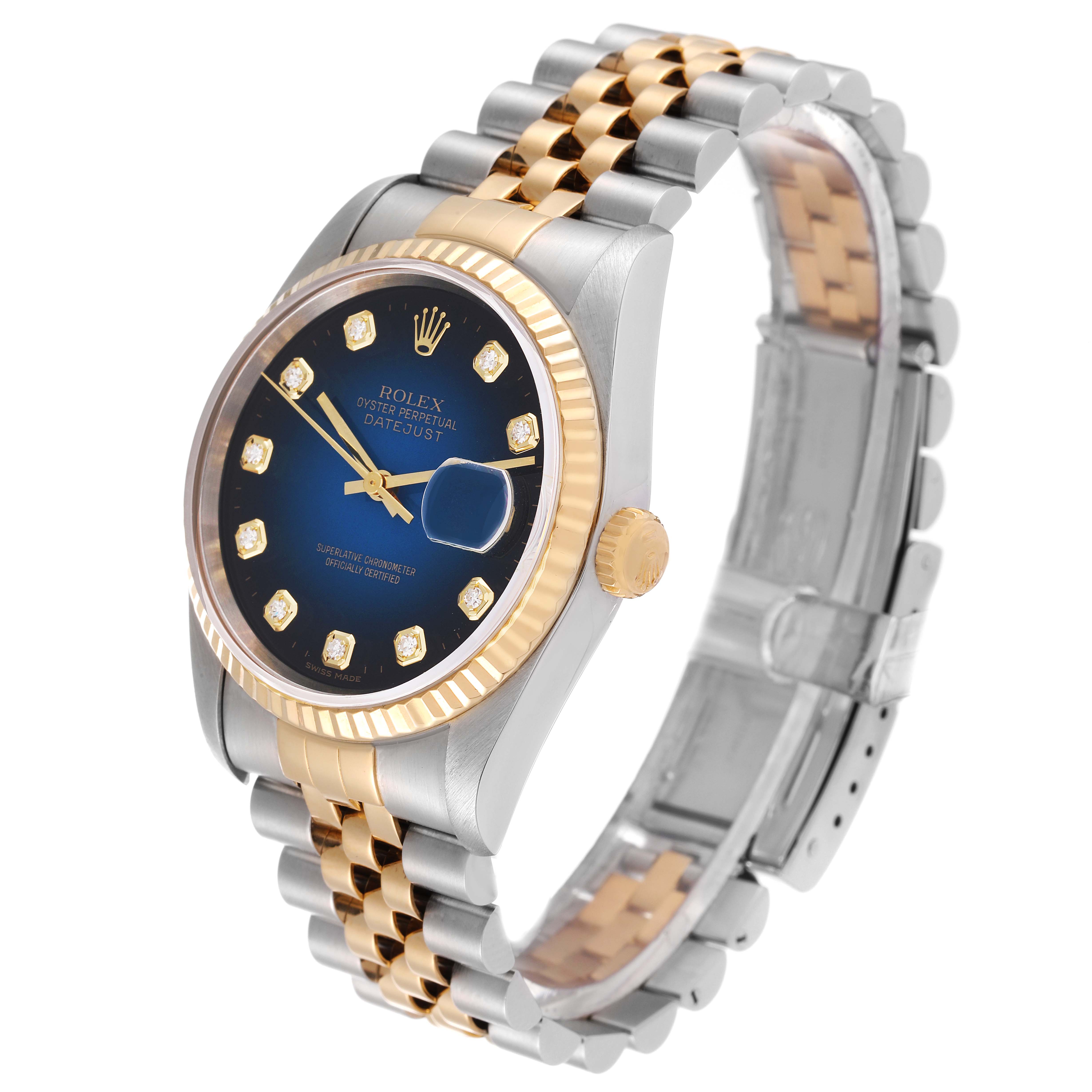 This Rolex Datejust 16233 Men's Steel and Gold (two tone) Blue Dial 16233 Men's Steel and Gold (two tone) Blue Dial watch is shown at a slight angle from the front, highlighting its bezel, dial, and two-tone bracelet.