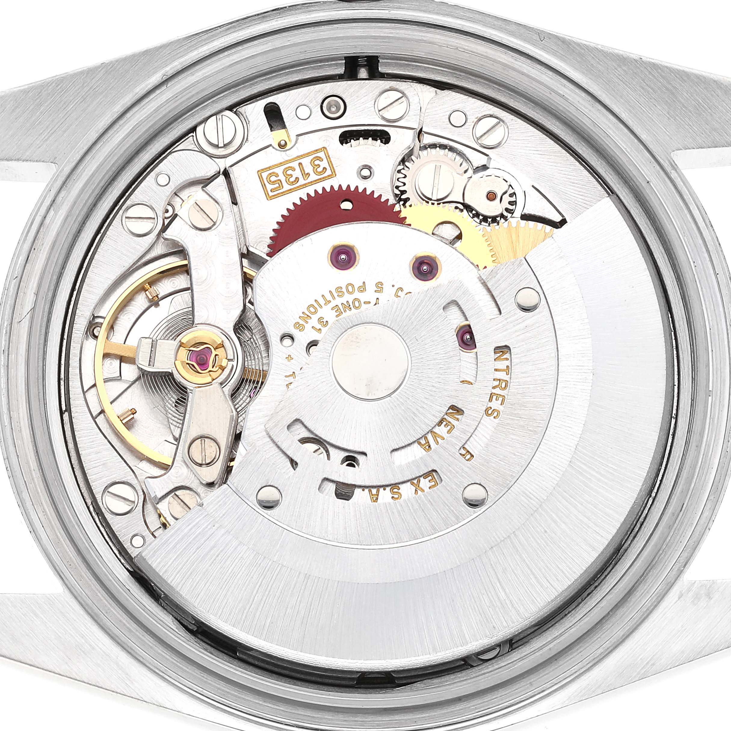 This image shows the internal movement mechanism of a Rolex Datejust 16233 Men's Steel and Gold (two tone) Blue Dial 16233 Men's Steel and Gold (two tone) Blue Dial watch from a top-down angle.