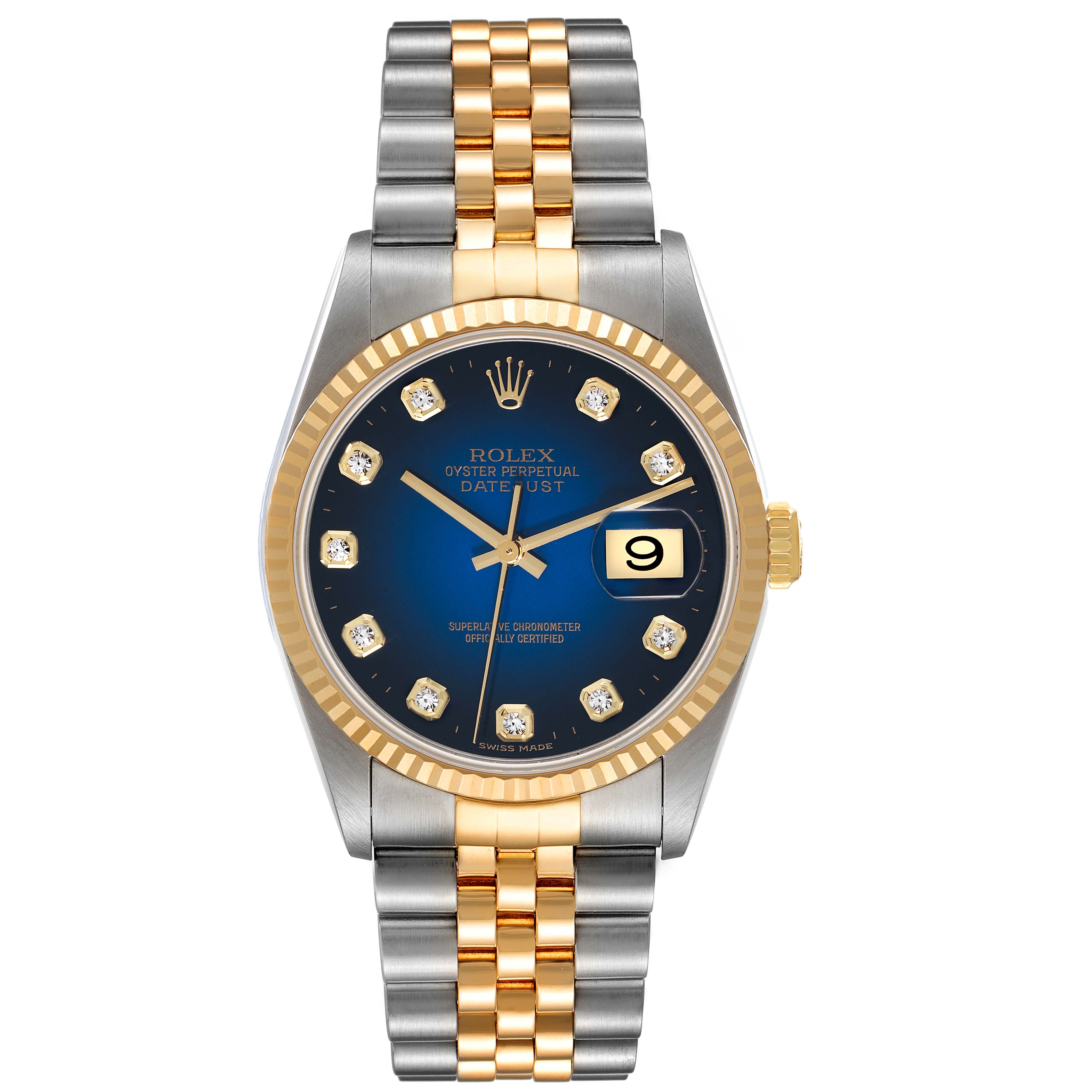 This image shows a Rolex Datejust 16233 Men's Steel and Gold (two tone) Blue Dial 16233 Men's Steel and Gold (two tone) Blue Dial watch from a front angle, highlighting its dial, bezel, case, and bracelet.