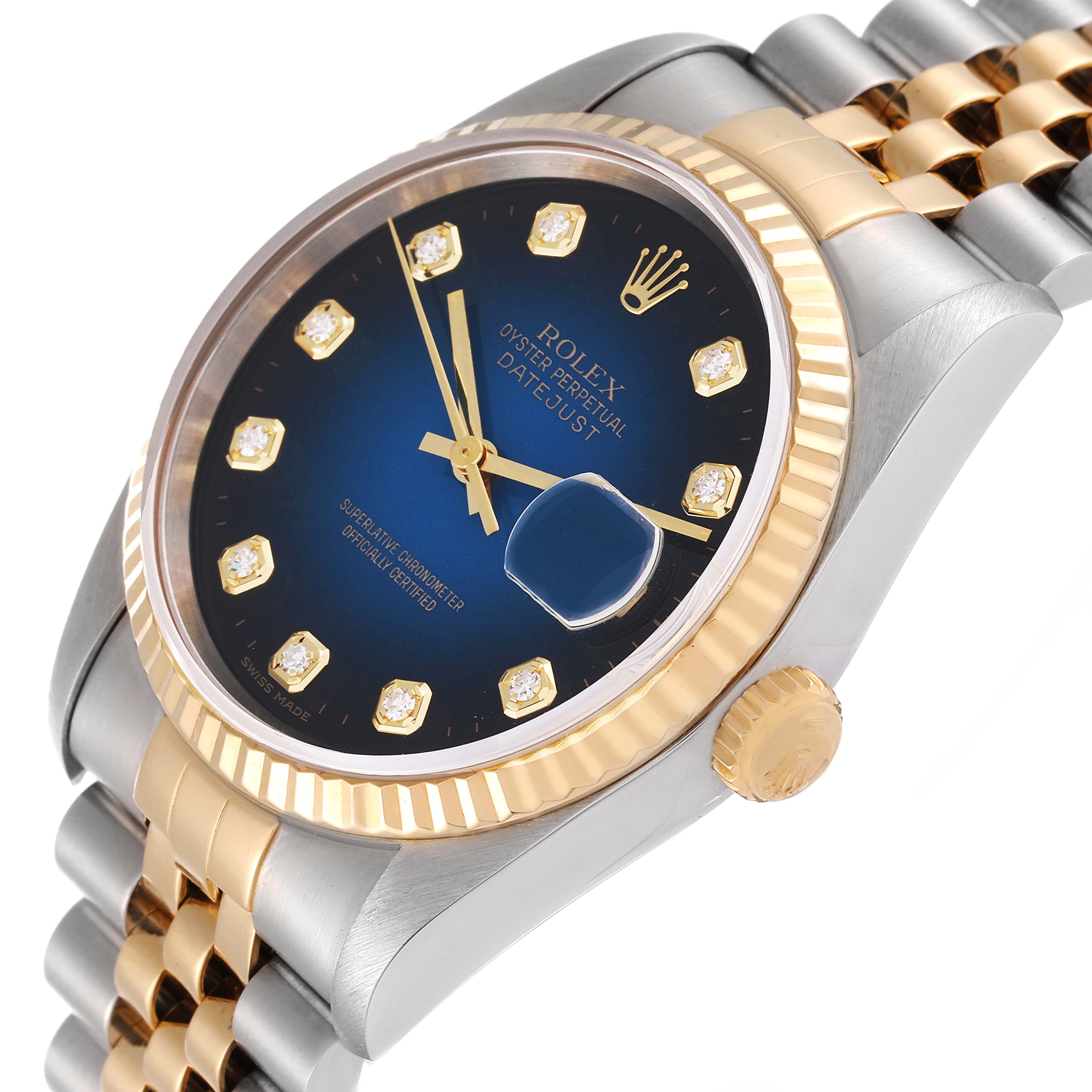 This image shows a Rolex Datejust 16233 Men's Steel and Gold (two tone) Blue Dial 16233 Men's Steel and Gold (two tone) Blue Dial watch angled to feature the face, bezel, crown, and partial band.
