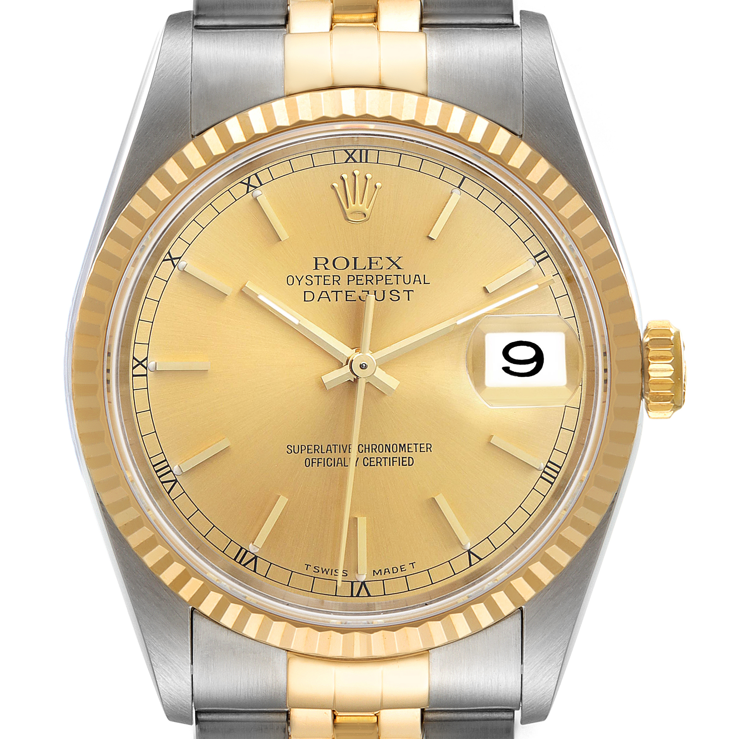 This image shows a frontal view of a Rolex Datejust 16233 Men's Steel and Gold (two tone) Champagne Dial 16233 Men's Steel and Gold (two tone) Champagne Dial watch, highlighting the dial, fluted bezel, and date window.