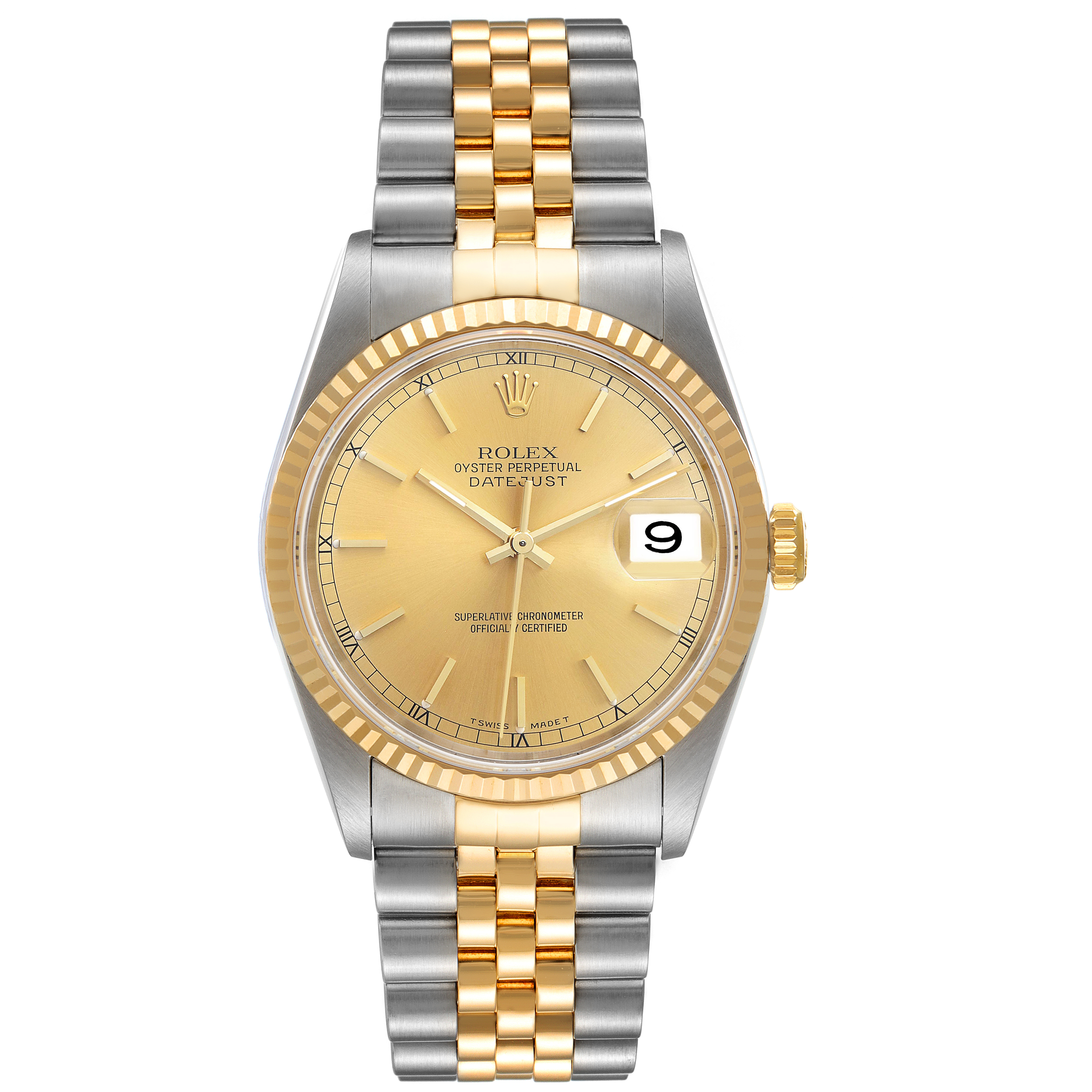 This image shows a front view of a Rolex Datejust 16233 Men's Steel and Gold (two tone) Champagne Dial 16233 Men's Steel and Gold (two tone) Champagne Dial watch, highlighting the gold dial, bezel, and two-tone bracelet.
