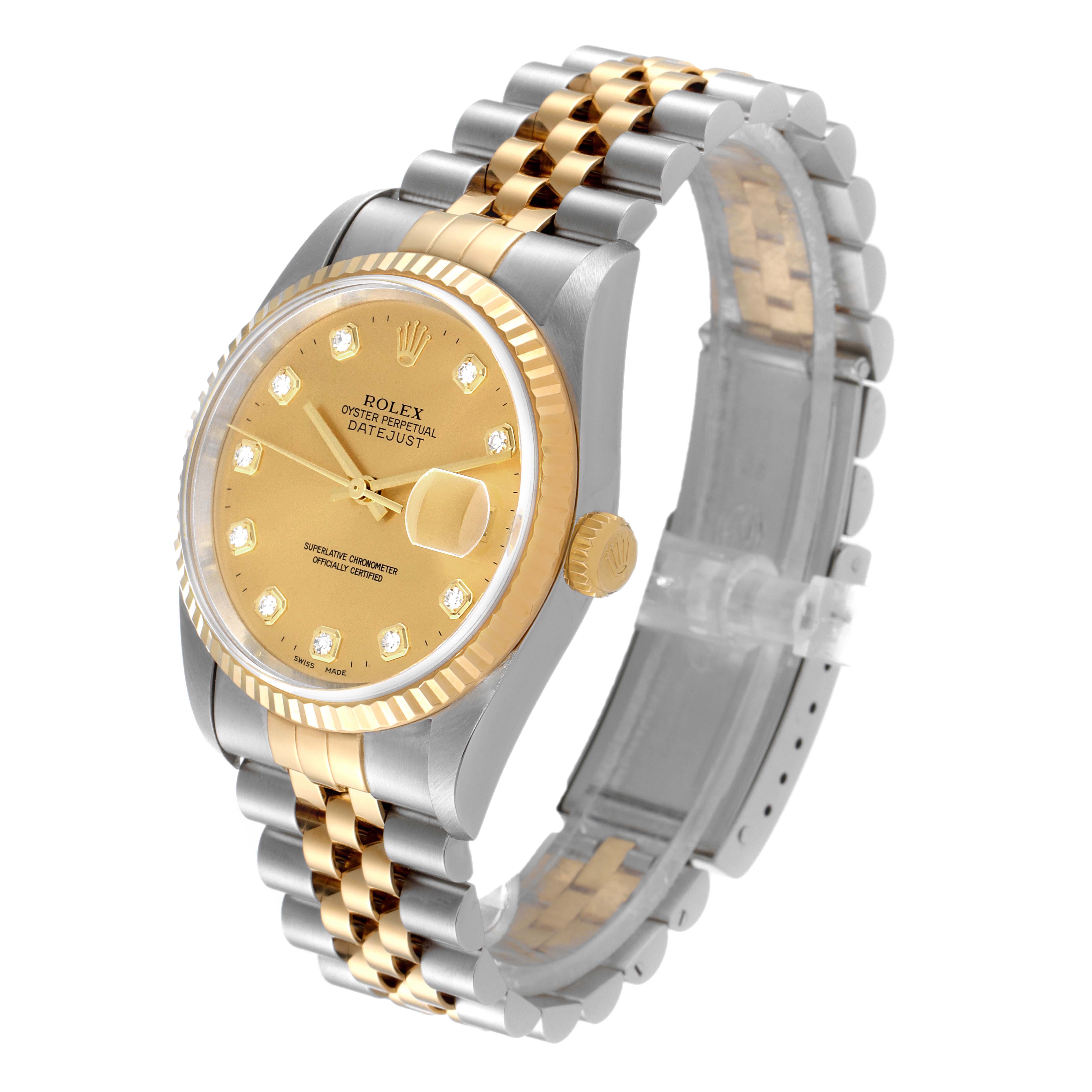 The image shows a Rolex Datejust 16233 Men's Steel and Gold (two tone) Champagne Dial 16233 Men's Steel and Gold (two tone) Champagne Dial watch at a slight left-side angle, highlighting the dial, bezel, and bracelet.
