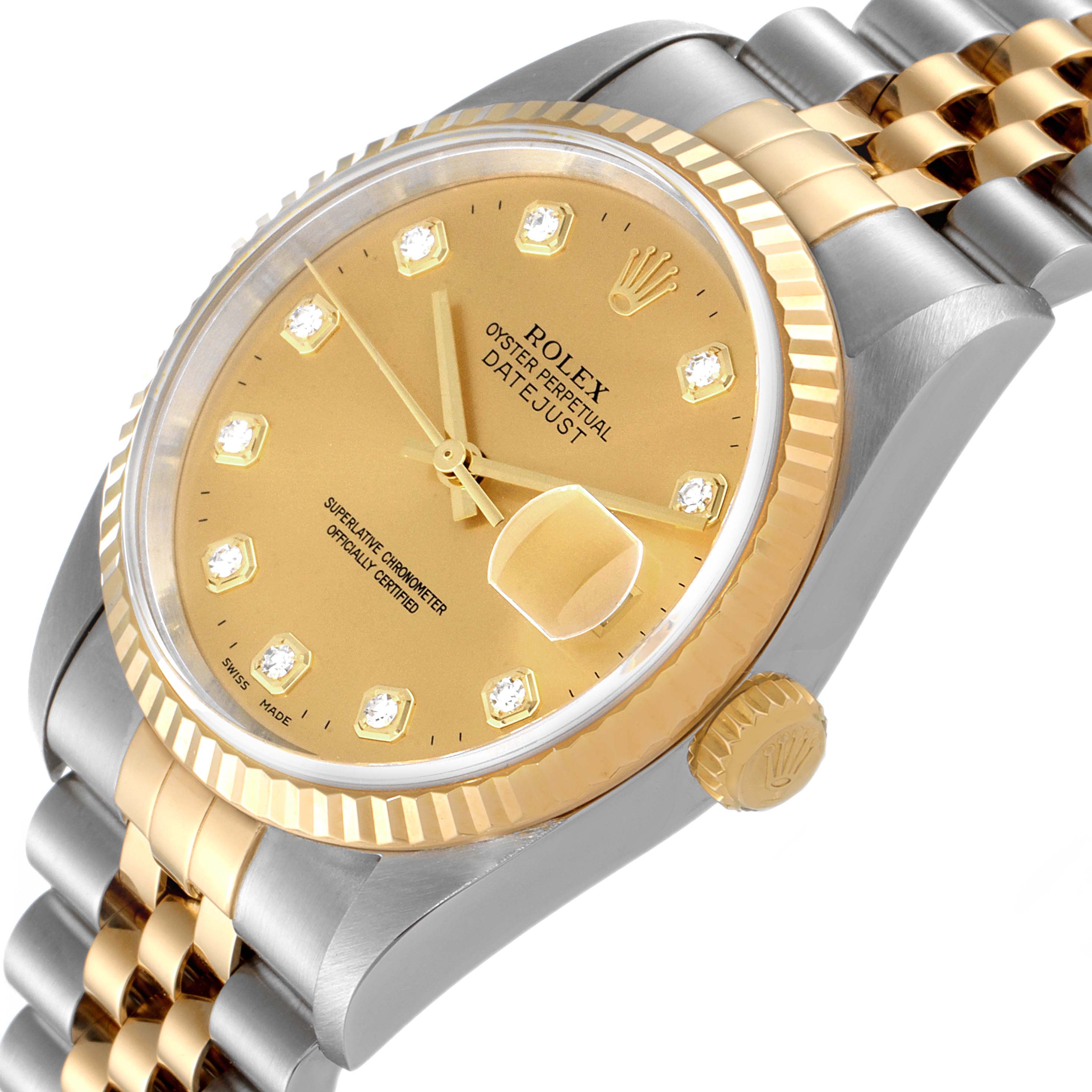 This image shows a close-up of the Rolex Datejust 16233 Men's Steel and Gold (two tone) Champagne Dial 16233 Men's Steel and Gold (two tone) Champagne Dial watch, focusing on the dial, bezel, and part of the bracelet.
