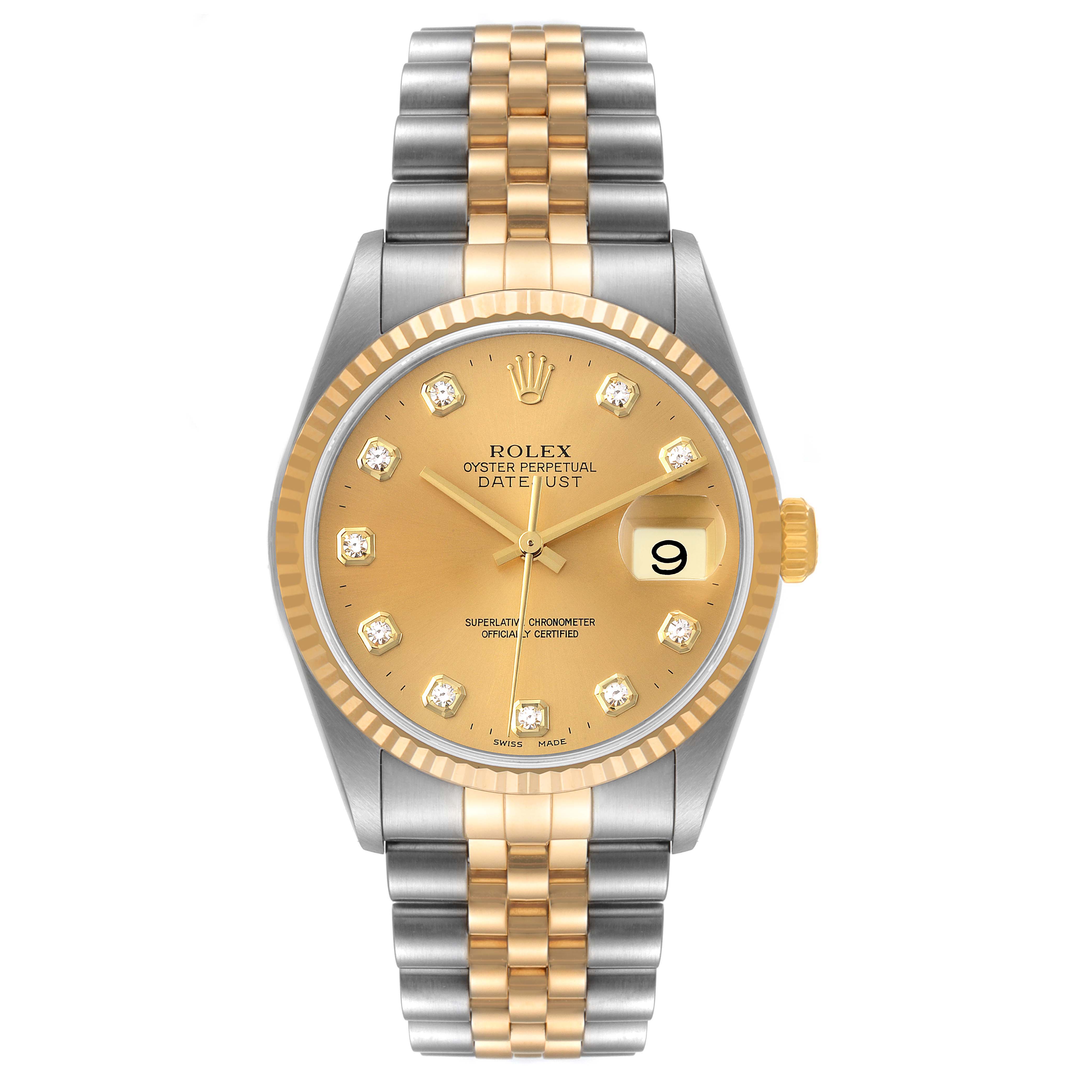 This image shows a front view of the Rolex Datejust 16233 Men's Steel and Gold (two tone) Champagne Dial 16233 Men's Steel and Gold (two tone) Champagne Dial watch, highlighting the dial, bracelet, and fluted bezel.
