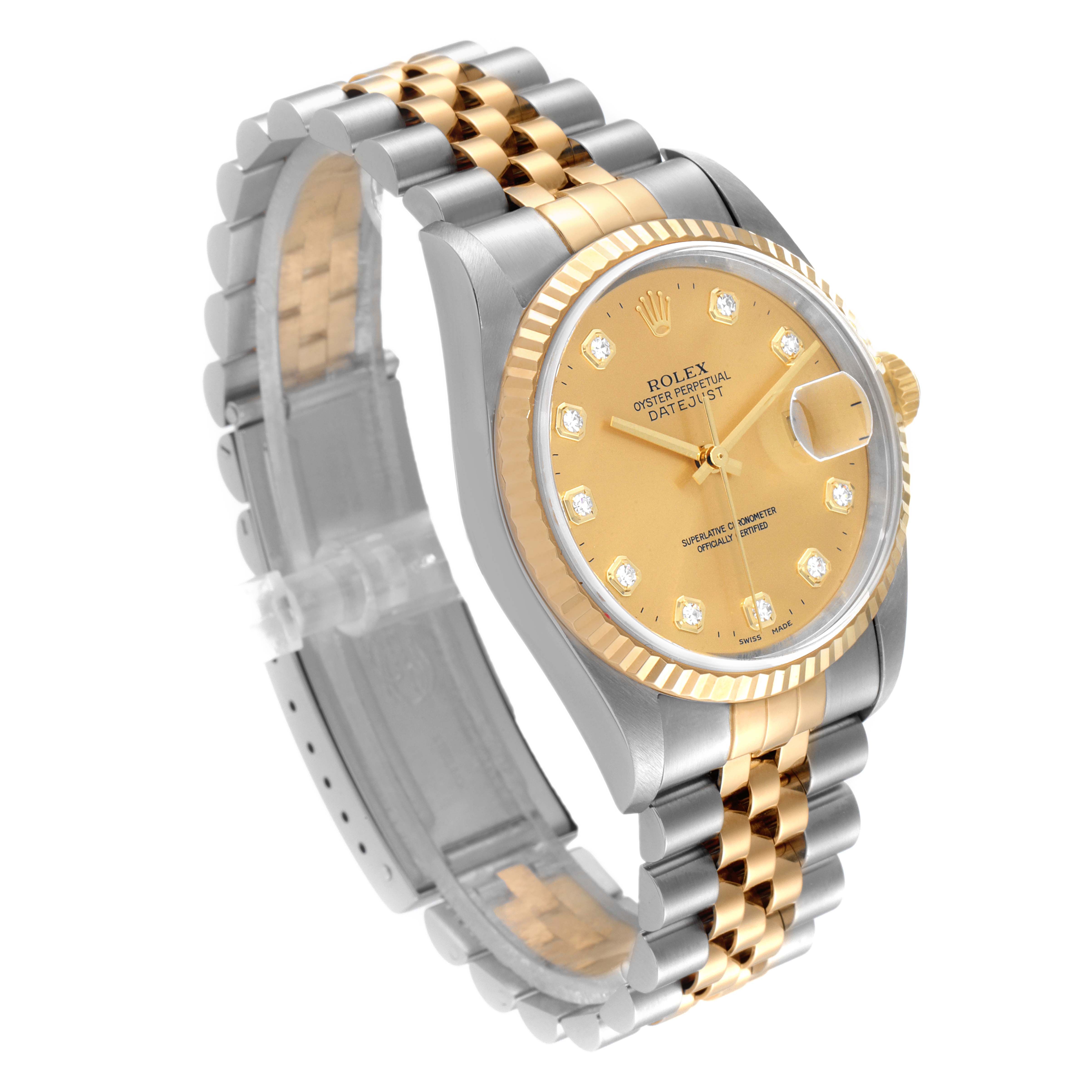 The Rolex Datejust 16233 Men's Steel and Gold (two tone) Champagne Dial 16233 Men's Steel and Gold (two tone) Champagne Dial watch is shown at a 3/4 angle, highlighting the face, bezel, and two-tone bracelet.