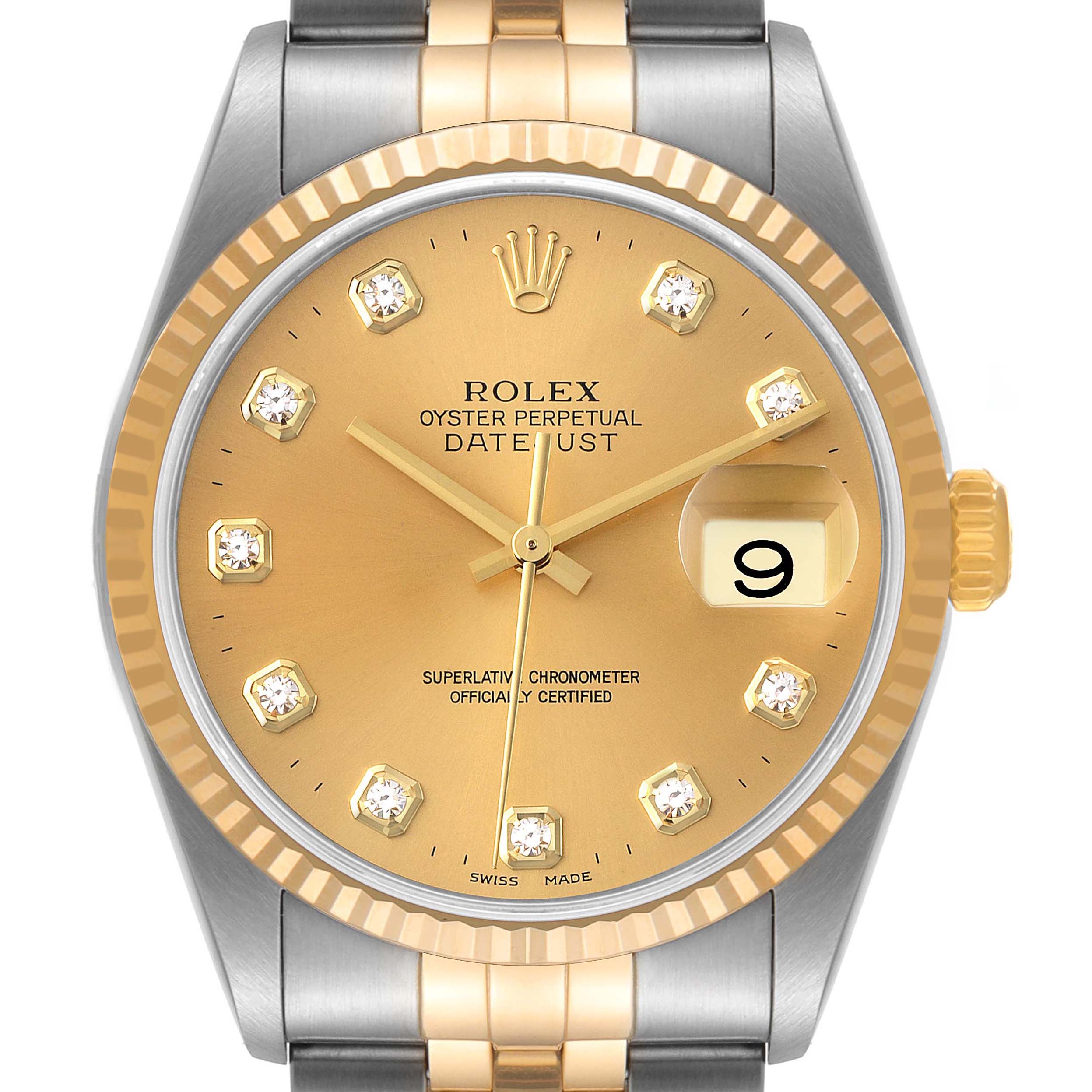 This image shows a frontal view of the Rolex Datejust 16233 Men's Steel and Gold (two tone) Champagne Dial 16233 Men's Steel and Gold (two tone) Champagne Dial watch, highlighting its dial, bezel, crown, and parts of the bracelet.