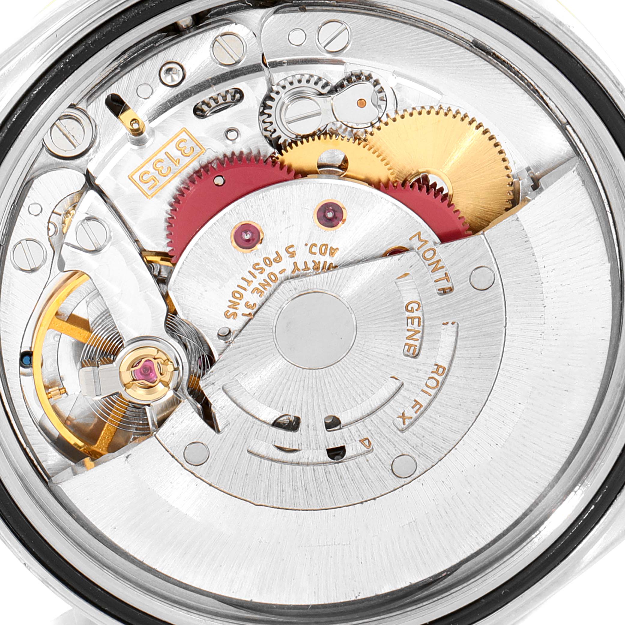 This image shows the internal movement mechanism of the Rolex Datejust 16233 Men's Steel and Gold (two tone) Champagne Dial 16233 Men's Steel and Gold (two tone) Champagne Dial model watch viewed from the back.