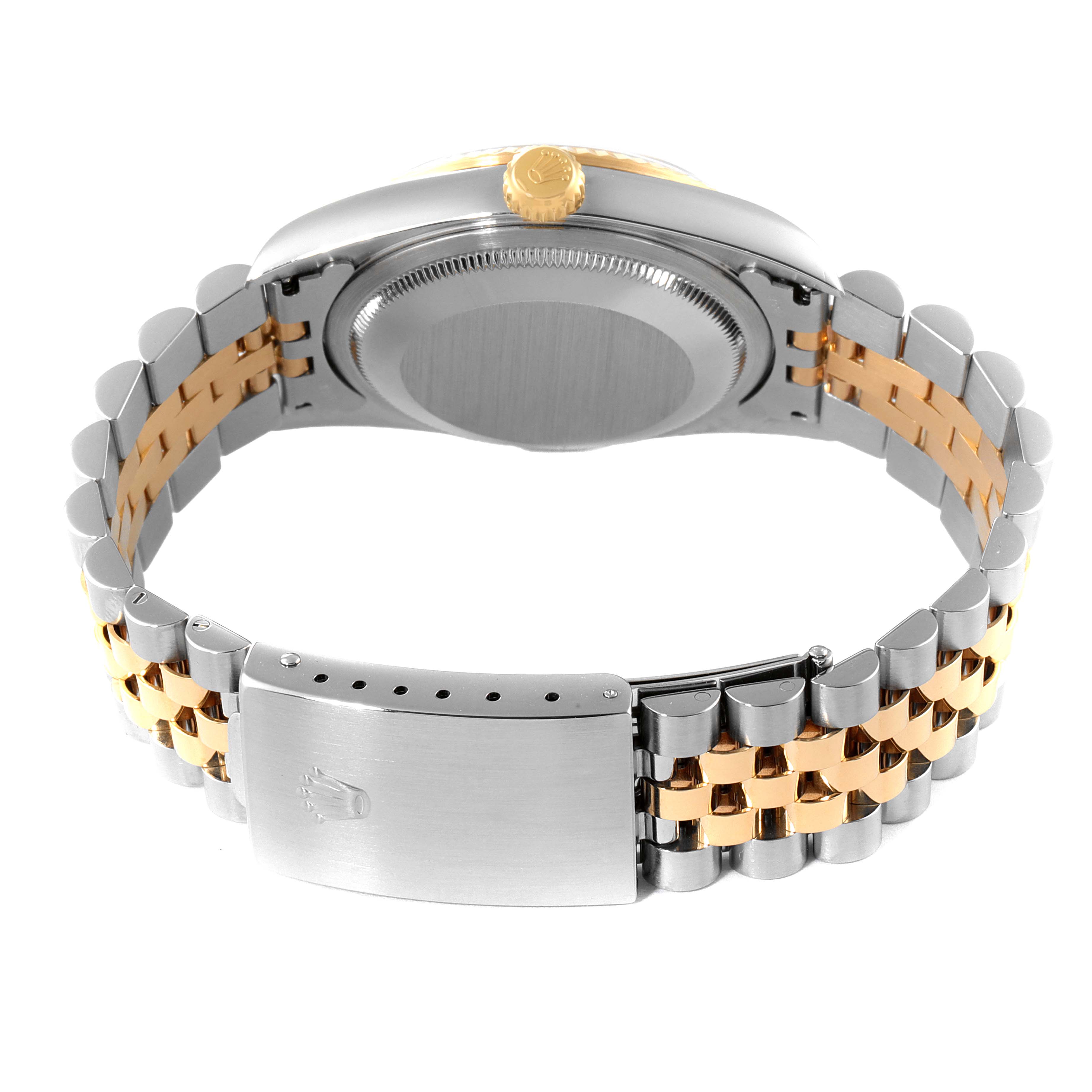 This image shows the back of a Rolex Datejust 16233 Men's Steel and Gold (two tone) Champagne Dial 16233 Men's Steel and Gold (two tone) Champagne Dial watch, including the bracelet, case back, and crown.