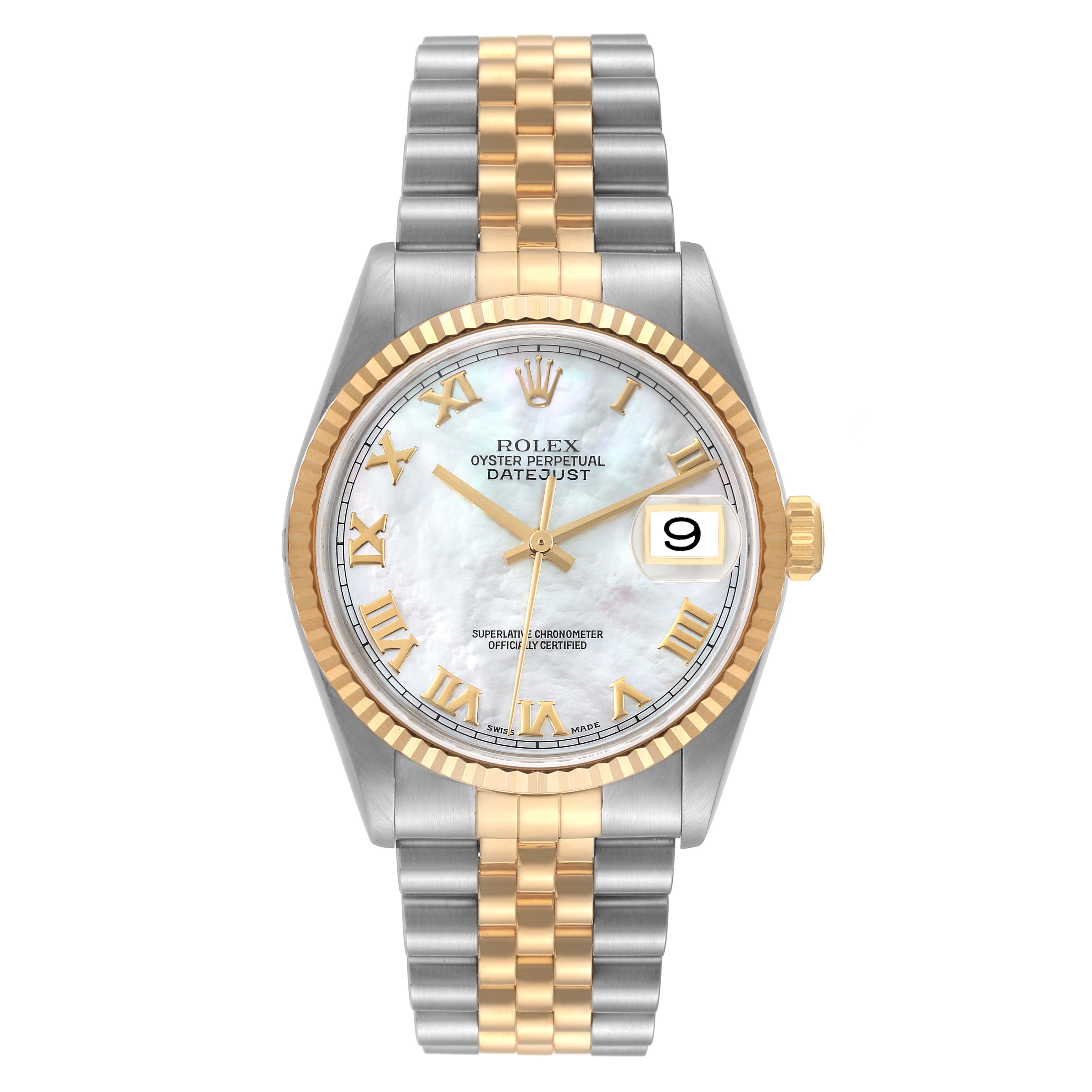 The image shows a front view of a Rolex Datejust 16233 Men's Steel and Gold (two tone) Mother of Pearl Dial 16233 Men's Steel and Gold (two tone) Mother of Pearl Dial watch, highlighting its dial, fluted bezel, and Jubilee bracelet.