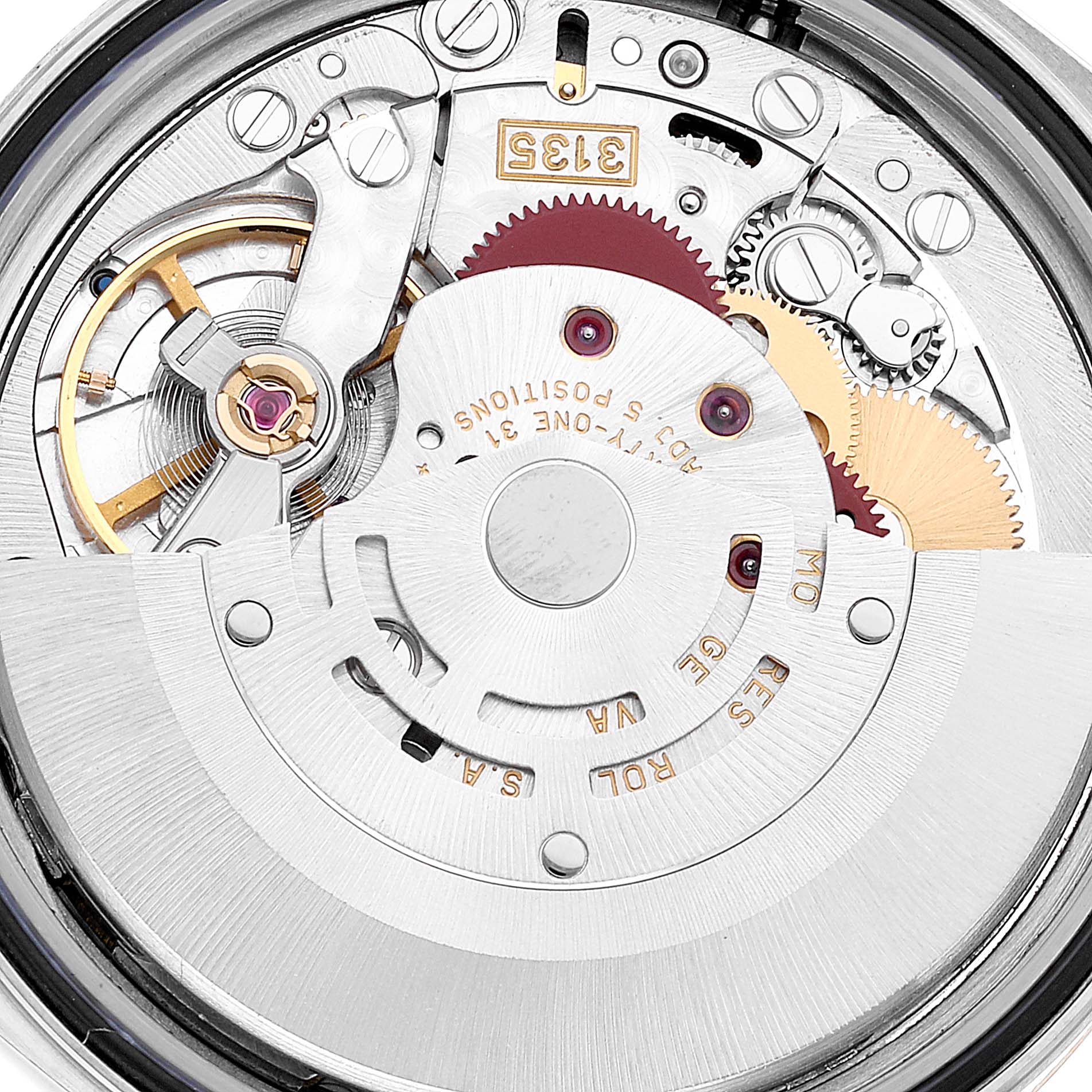 This image shows the internal mechanism of the Rolex Datejust 16233 Men's Steel and Gold (two tone) Mother of Pearl Dial 16233 Men's Steel and Gold (two tone) Mother of Pearl Dial watch, highlighting gears and components.