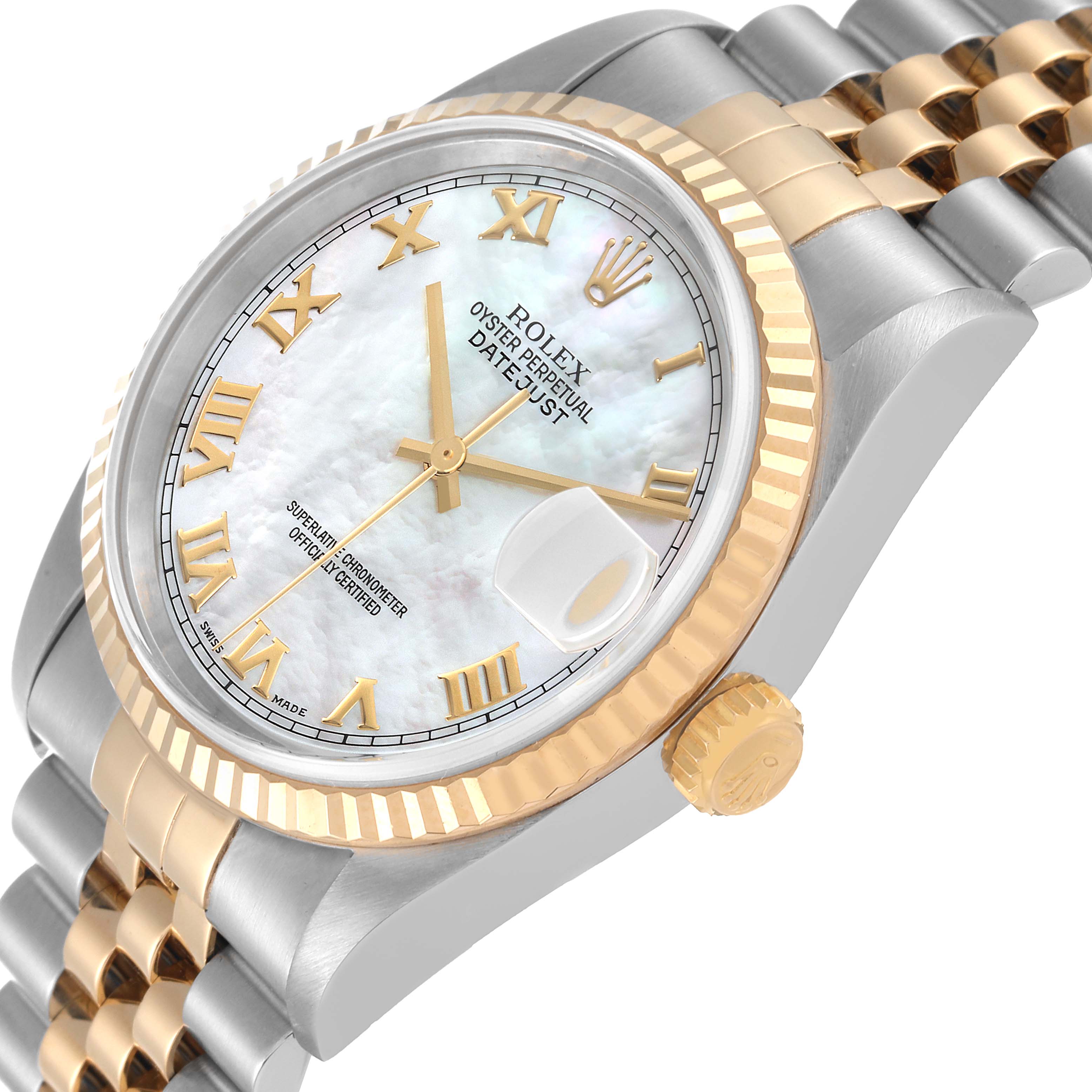 The image shows the face, bezel, crown, and part of the bracelet of a Rolex Datejust 16233 Men's Steel and Gold (two tone) Mother of Pearl Dial 16233 Men's Steel and Gold (two tone) Mother of Pearl Dial watch.