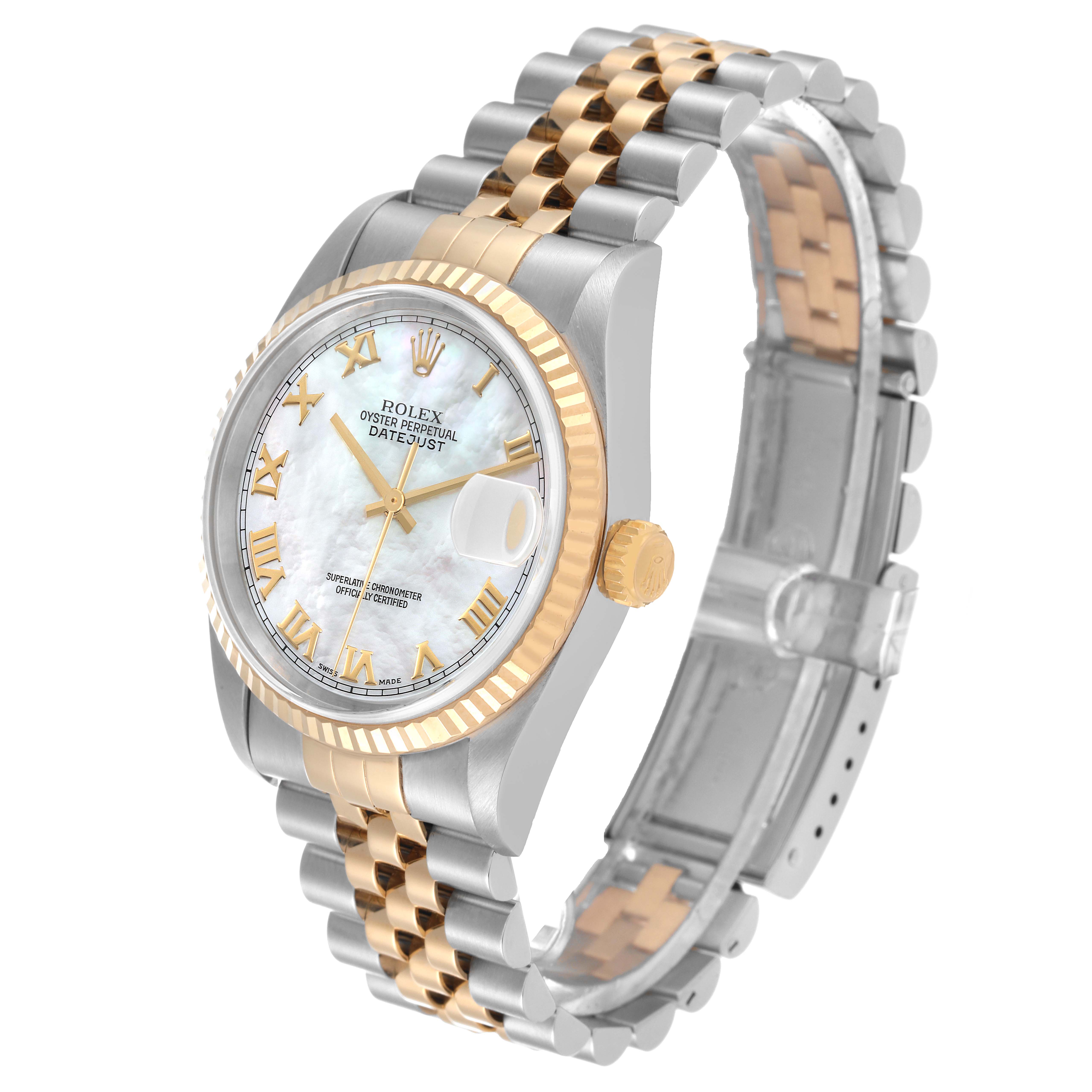 The image shows a Rolex Datejust 16233 Men's Steel and Gold (two tone) Mother of Pearl Dial 16233 Men's Steel and Gold (two tone) Mother of Pearl Dial watch at a three-quarter angle, highlighting the dial, bezel, crown, and bracelet.