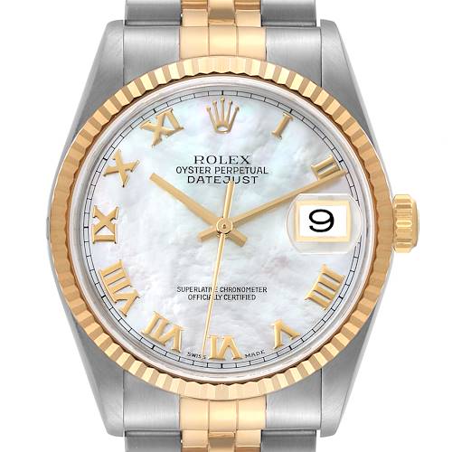 Photo of Rolex Datejust Steel Yellow Gold Mother of Pearl Roman Dial Mens Watch 16233
