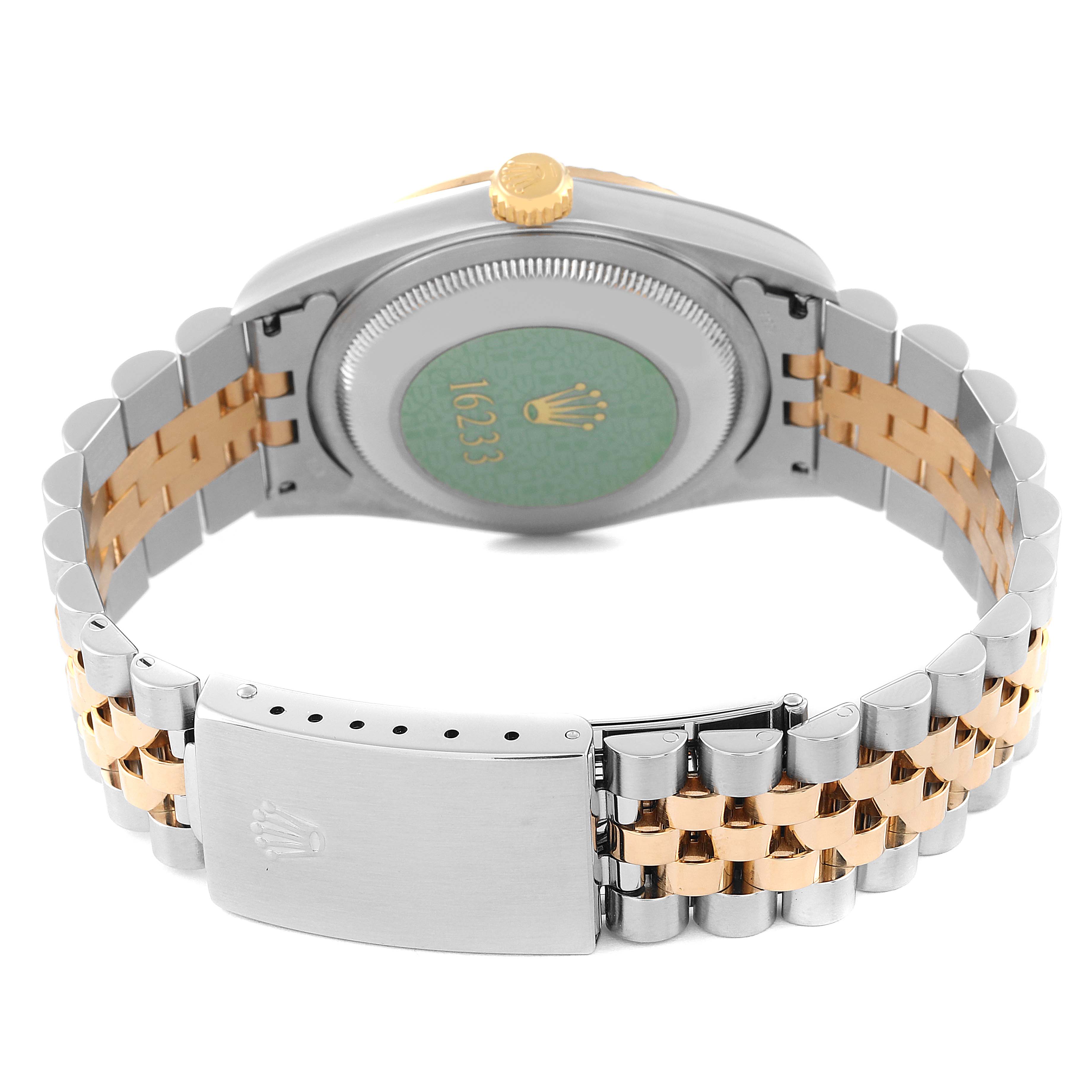 The image shows the back of a Rolex Datejust 16233 Men's Steel and Gold (two tone) Mother of Pearl Dial 16233 Men's Steel and Gold (two tone) Mother of Pearl Dial watch, highlighting the case back, crown, and two-tone Jubilee bracelet.