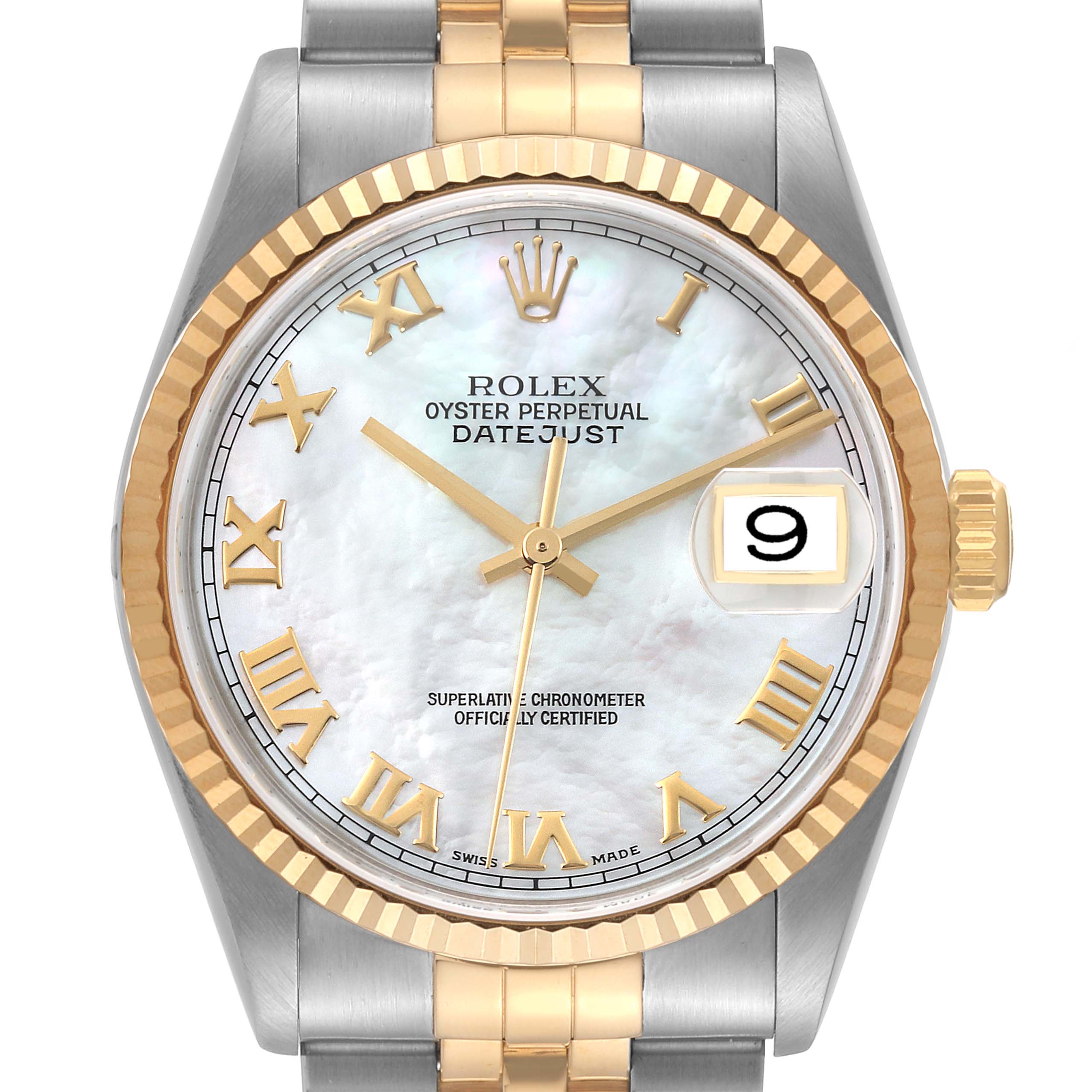 This image shows the front view of a Rolex Datejust 16233 Men's Steel and Gold (two tone) Mother of Pearl Dial 16233 Men's Steel and Gold (two tone) Mother of Pearl Dial watch, displaying its dial, bezel, date window, and part of the bracelet.